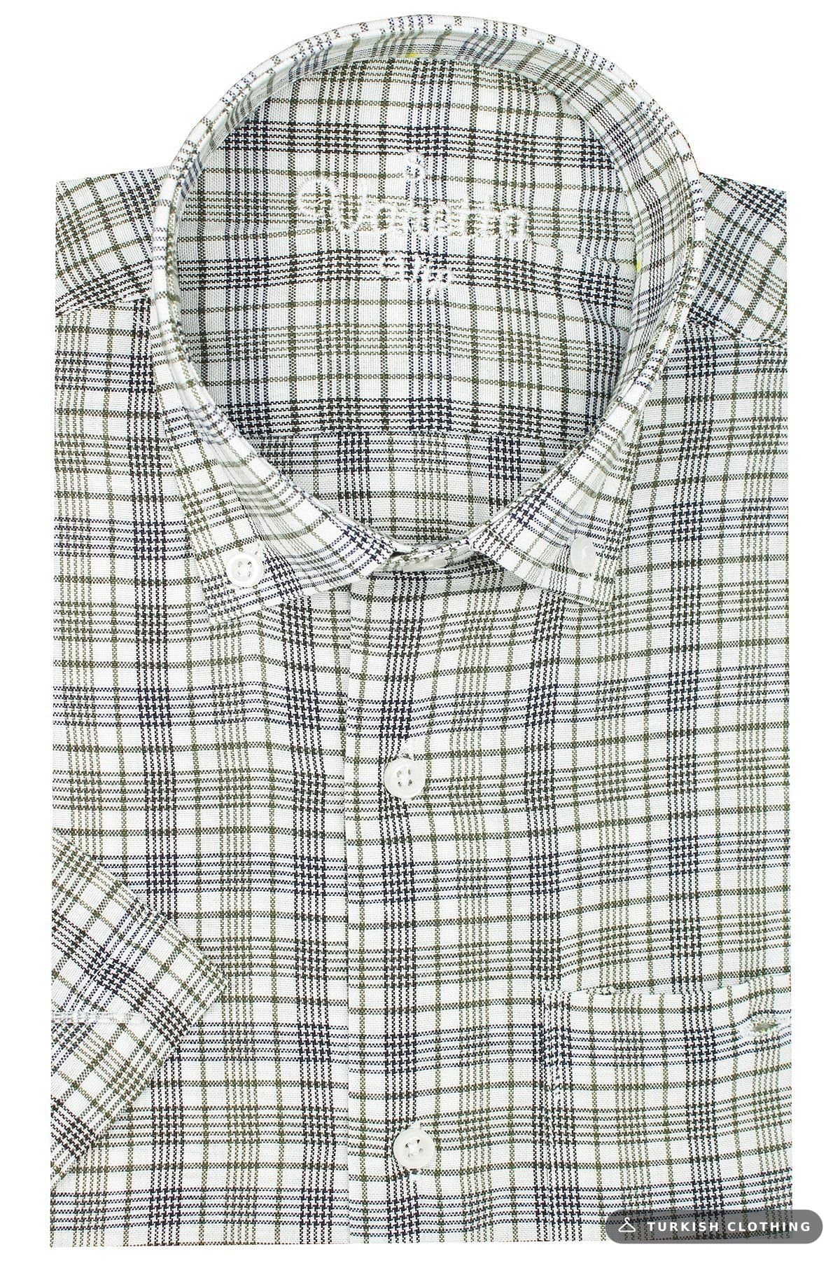 Men's White-Green Classic Cut Button Collar Checkered Short Sleeve Shirt – wholesale Shirts by Varetta, Turkish clothing