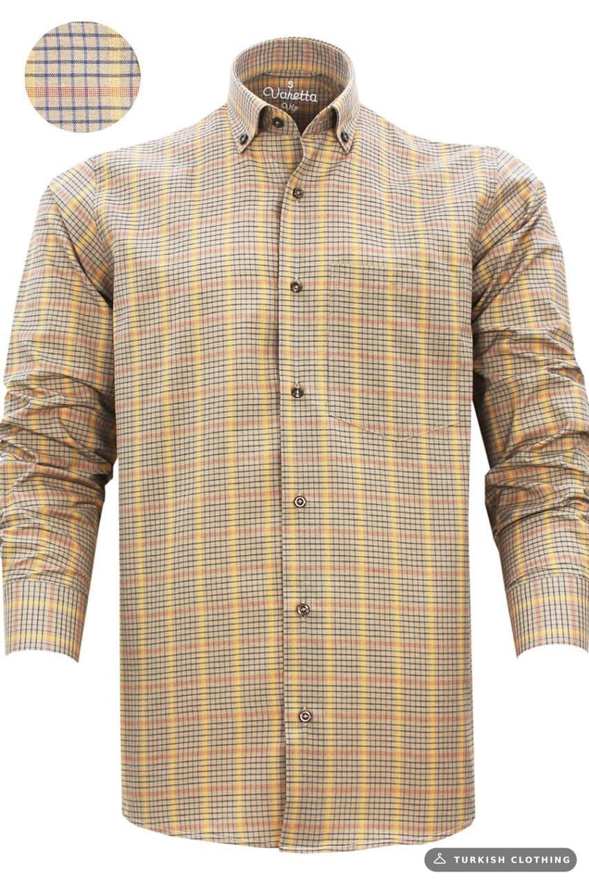 Men's Yellow Brown Classic Cut Checked Collar Buttoned Single Pocket Long Sleeve Shirt – wholesale Shirts by Varetta,