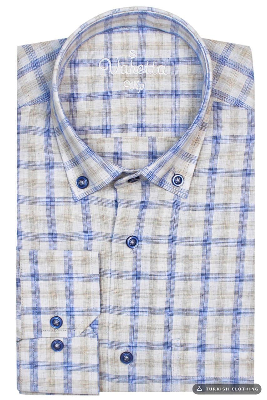Varetta Beige 100% Cotton Checkered Men's Shirt with Buttoned Collar Pockets – wholesale Shirts by Varetta, Turkish clothing