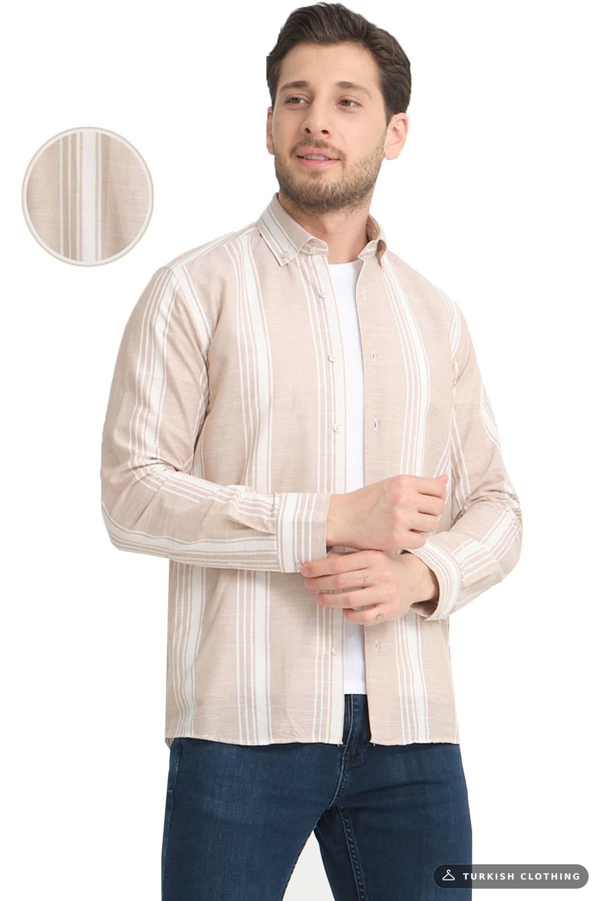 Varetta Beige White Striped Linen Cotton Long Sleeve Shirt Without Pocket – wholesale Shirts by Varetta, Turkish clothing