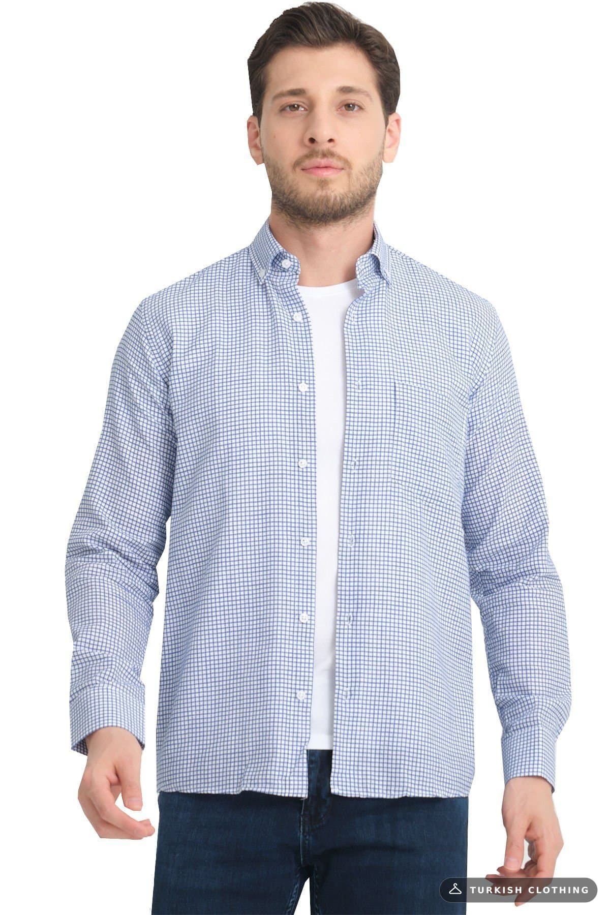 Varetta Blue Checkered Linen Cotton Long Sleeve Shirt with Pockets – wholesale Shirts by Varetta, Turkish clothing
