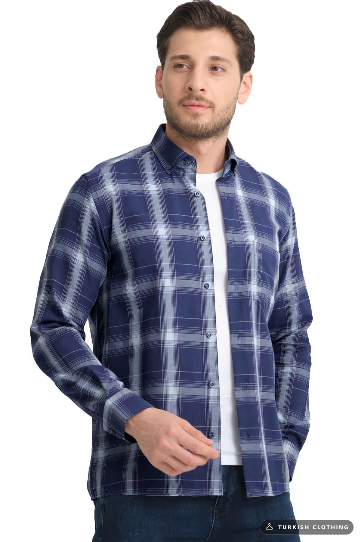 Varetta Blue Checkered Linen Cotton Long Sleeve Shirt with Pockets — Checked Pocket – wholesale Shirts by Varetta, Turkish