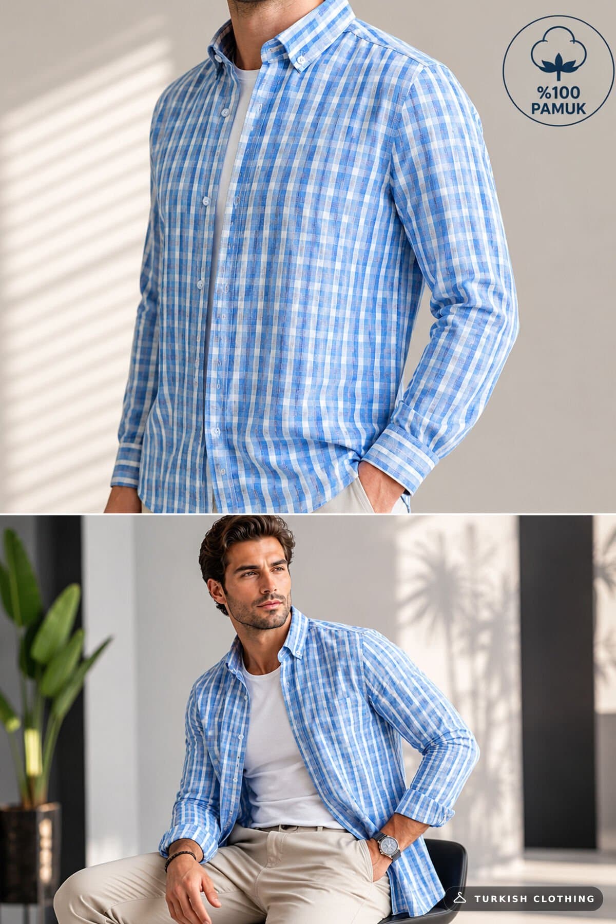 Varetta Blue Checkered Linen Cotton Long Sleeve Shirt Without Pockets – wholesale Shirts by Varetta, Turkish clothing