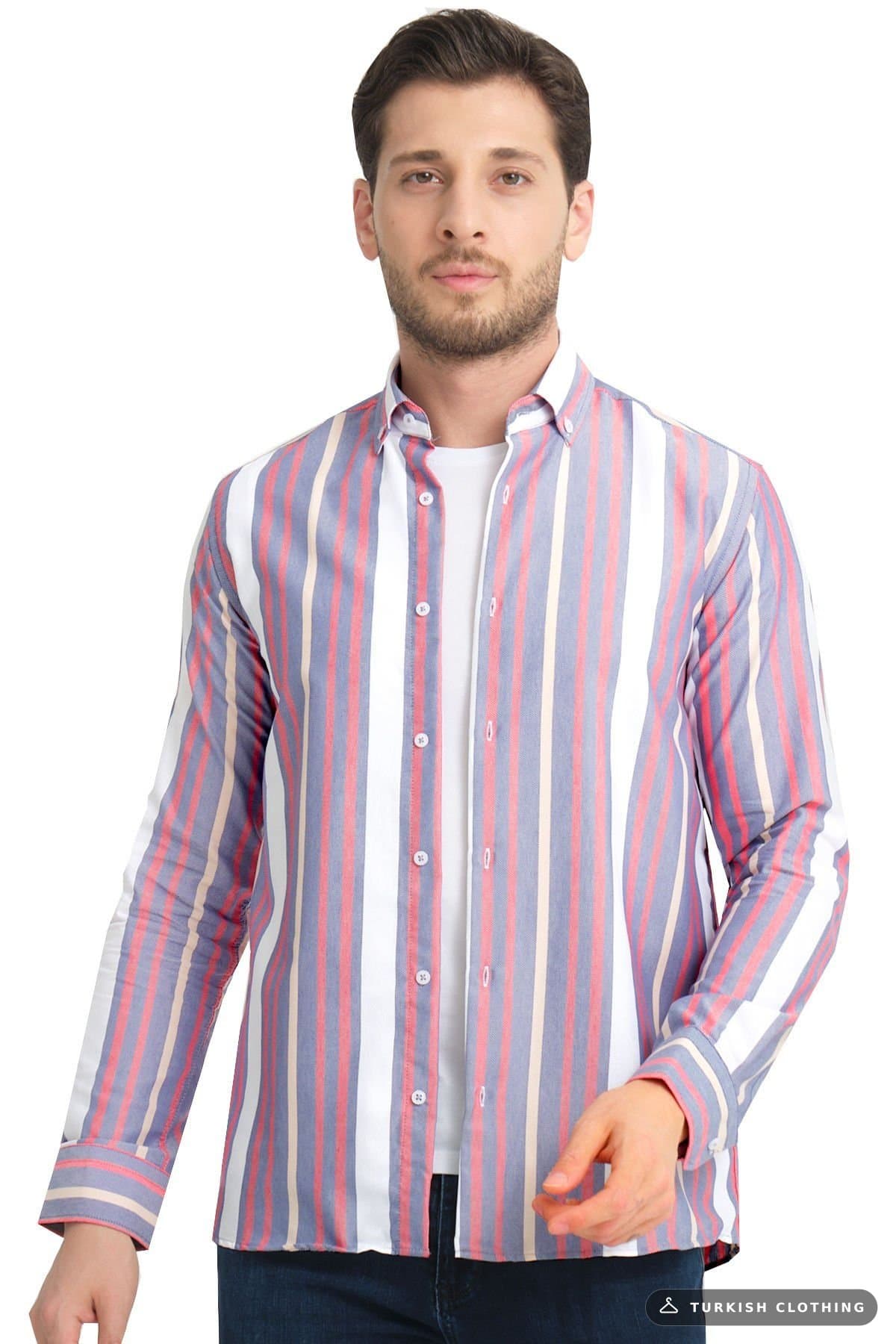 Varetta Blue Pink Striped Keten Pamuklu Cepsiz Long Sleeve Shirt Dark – wholesale Shirts by Varetta, Turkish clothing