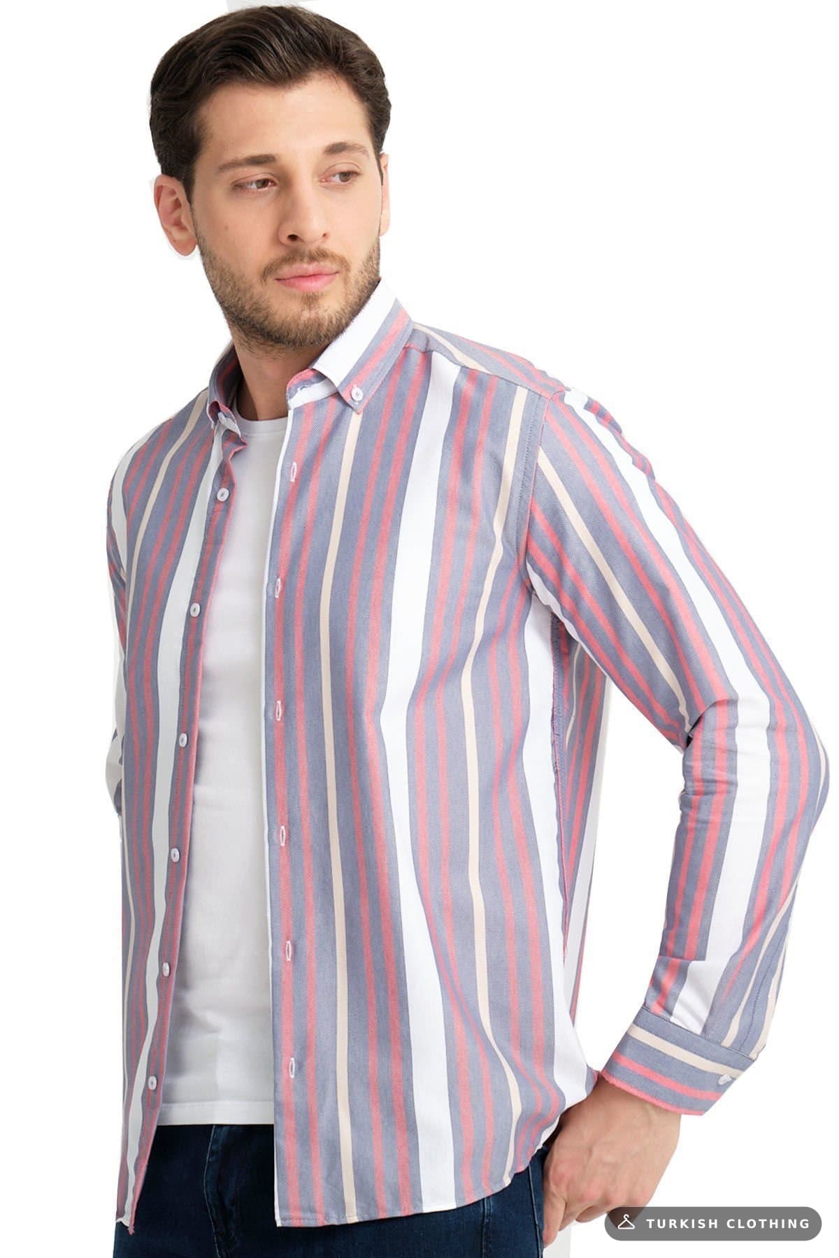 Varetta Blue Pink Striped Linen Cotton Long Sleeve Shirt Without Pocket – wholesale Shirts by Varetta, Turkish clothing
