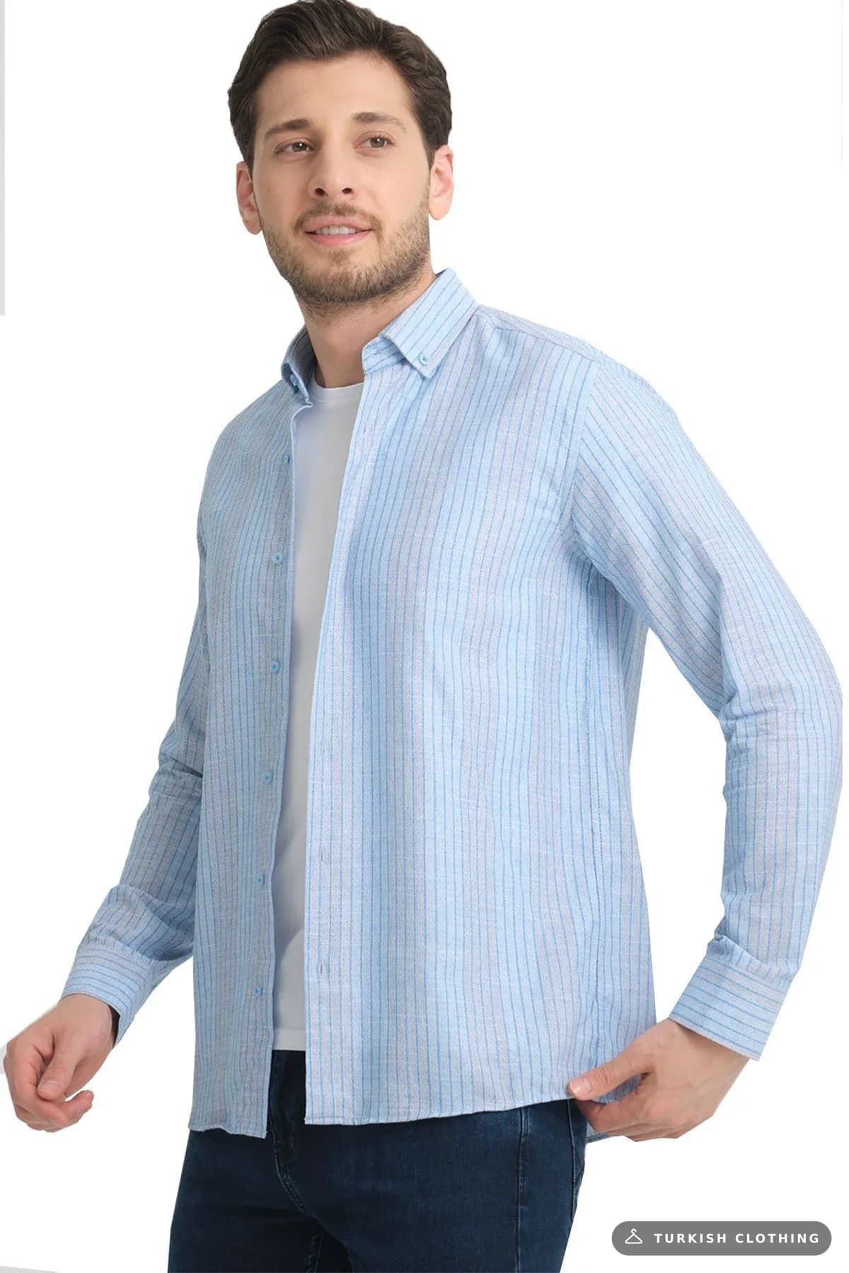 Varetta Blue Striped Linen Cotton Long Sleeve Shirt