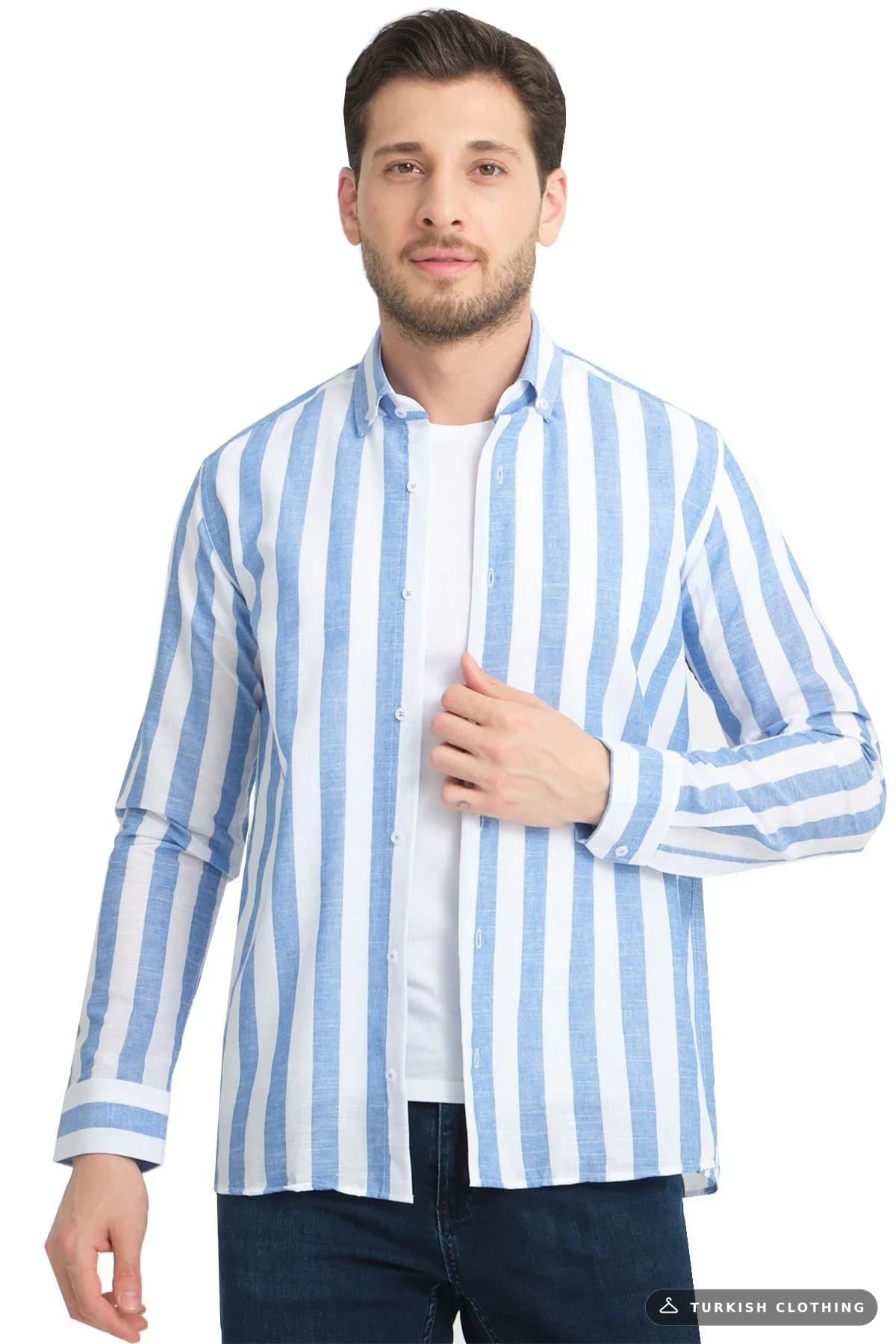 Varetta Blue Striped Linen Cotton Long Sleeve Shirt Dark — Pocketless