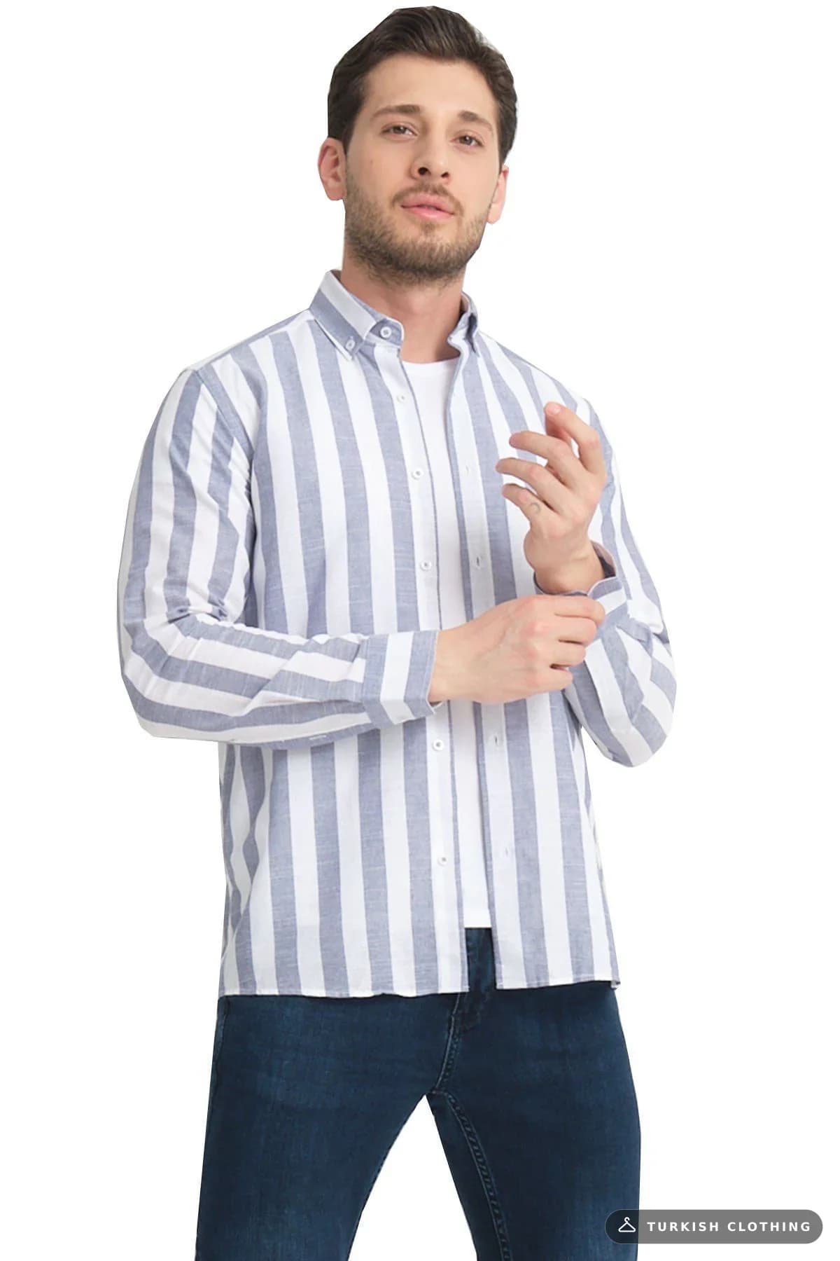 Varetta Blue Striped Linen Cotton Long Sleeve Shirt Dark — Pocketless (2)
