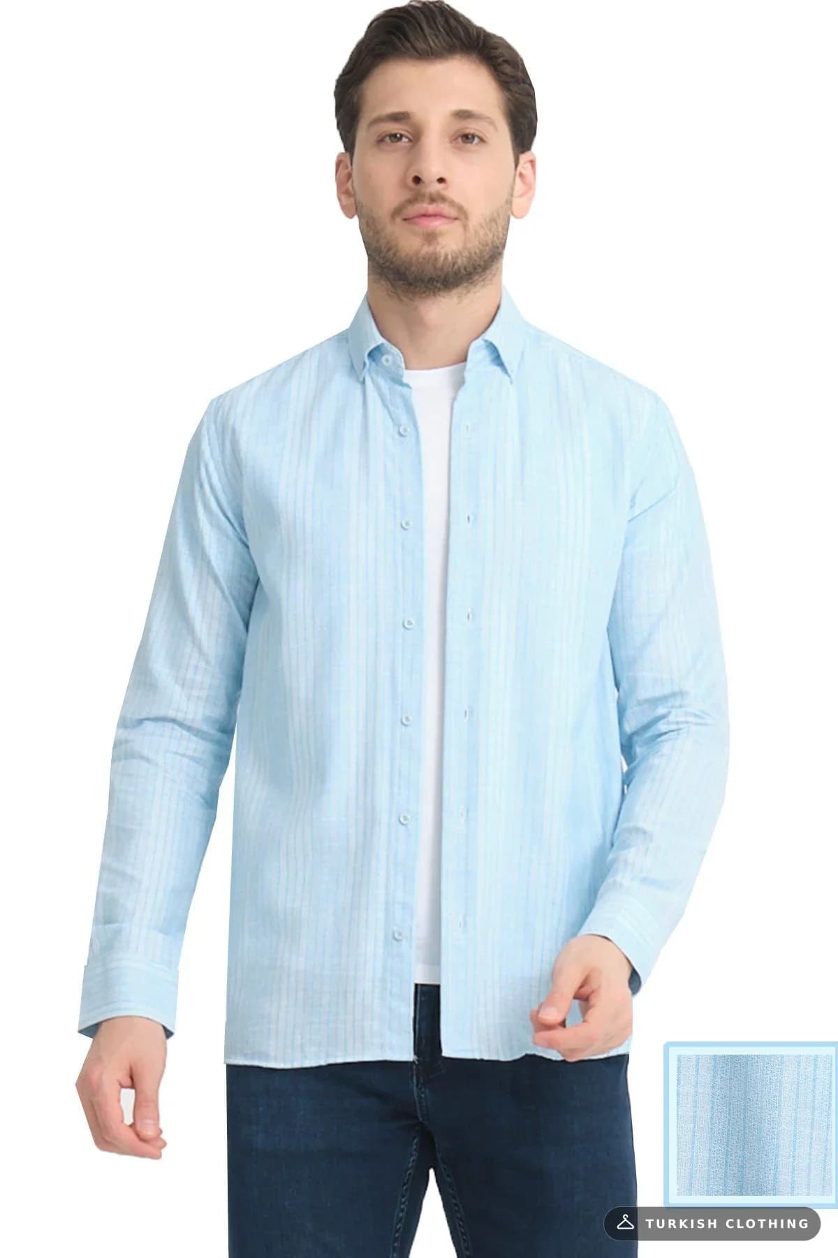 Varetta Blue Striped Linen Cotton Long Sleeve Shirt Without Pockets — Pocketless