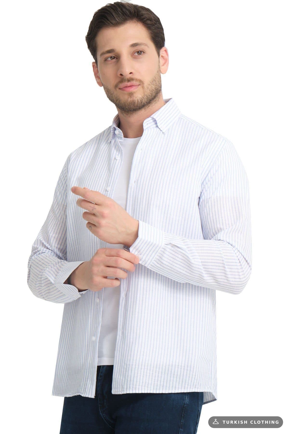 Varetta Blue Striped Linen Cotton Long Sleeve Shirt Without Pockets — Pocketless – wholesale Shirts by Varetta, Turkish
