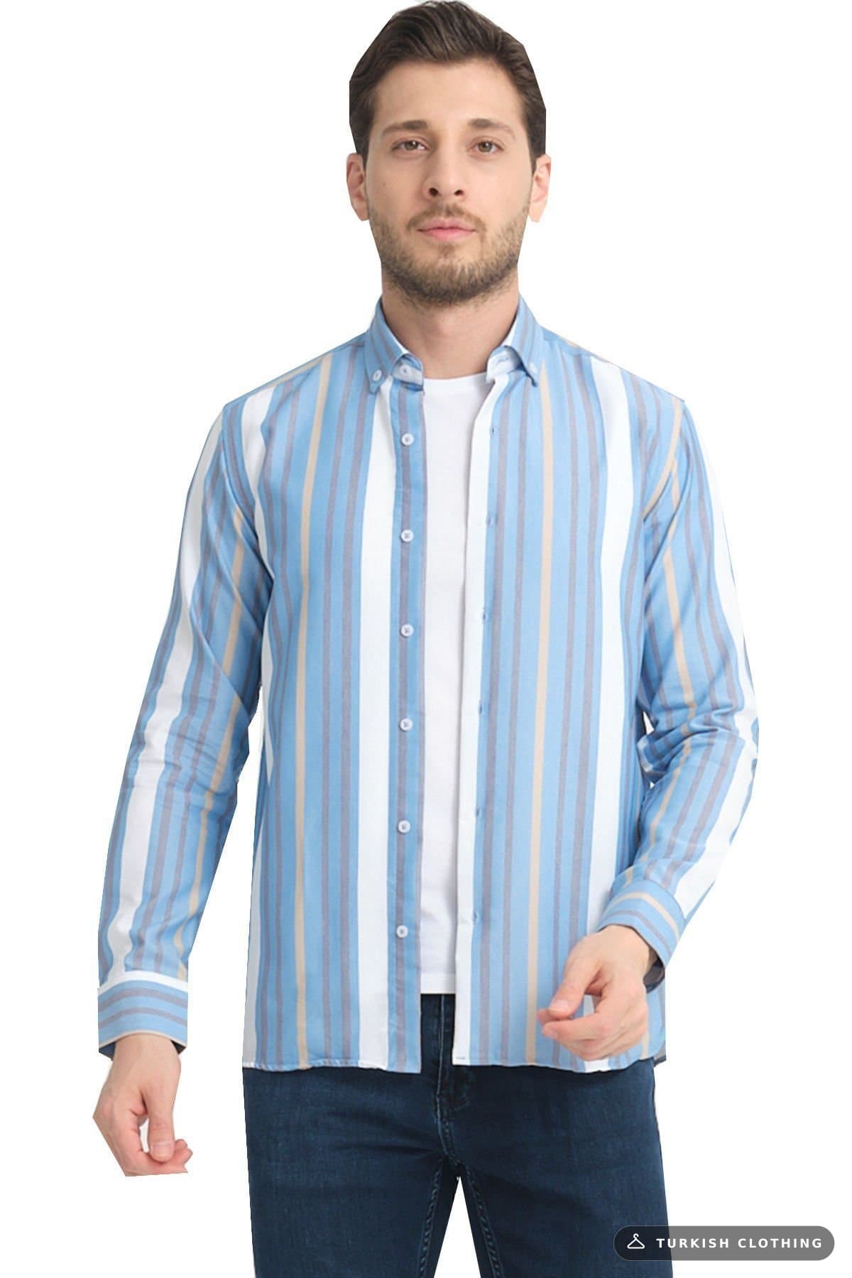 Varetta Blue Striped Linen Cotton Long Sleeve Shirt Without Pockets — Pocketless (2) – wholesale Shirts by Varetta, Turkish