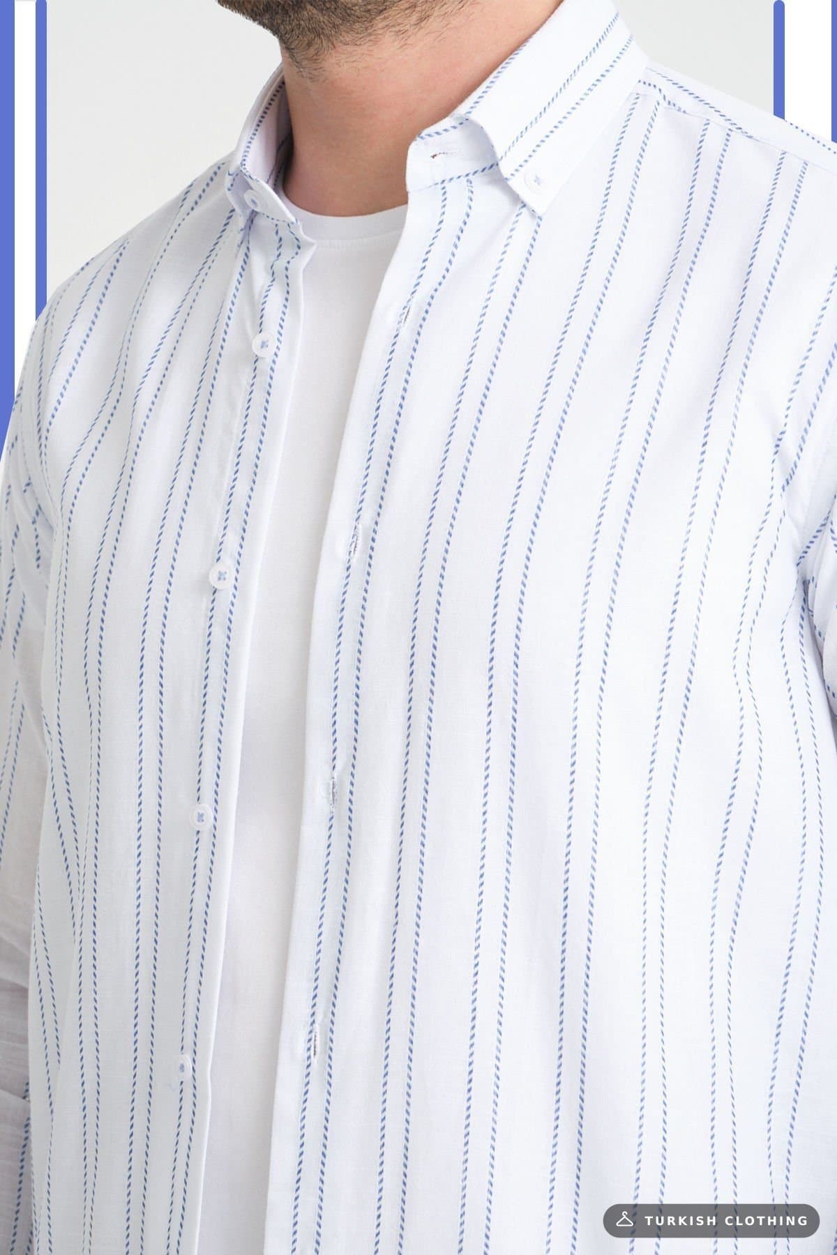 Varetta Blue Striped Linen Cotton Long Sleeve Shirt Without Pockets — Pocketless (3) – wholesale Shirts by Varetta, Turkish