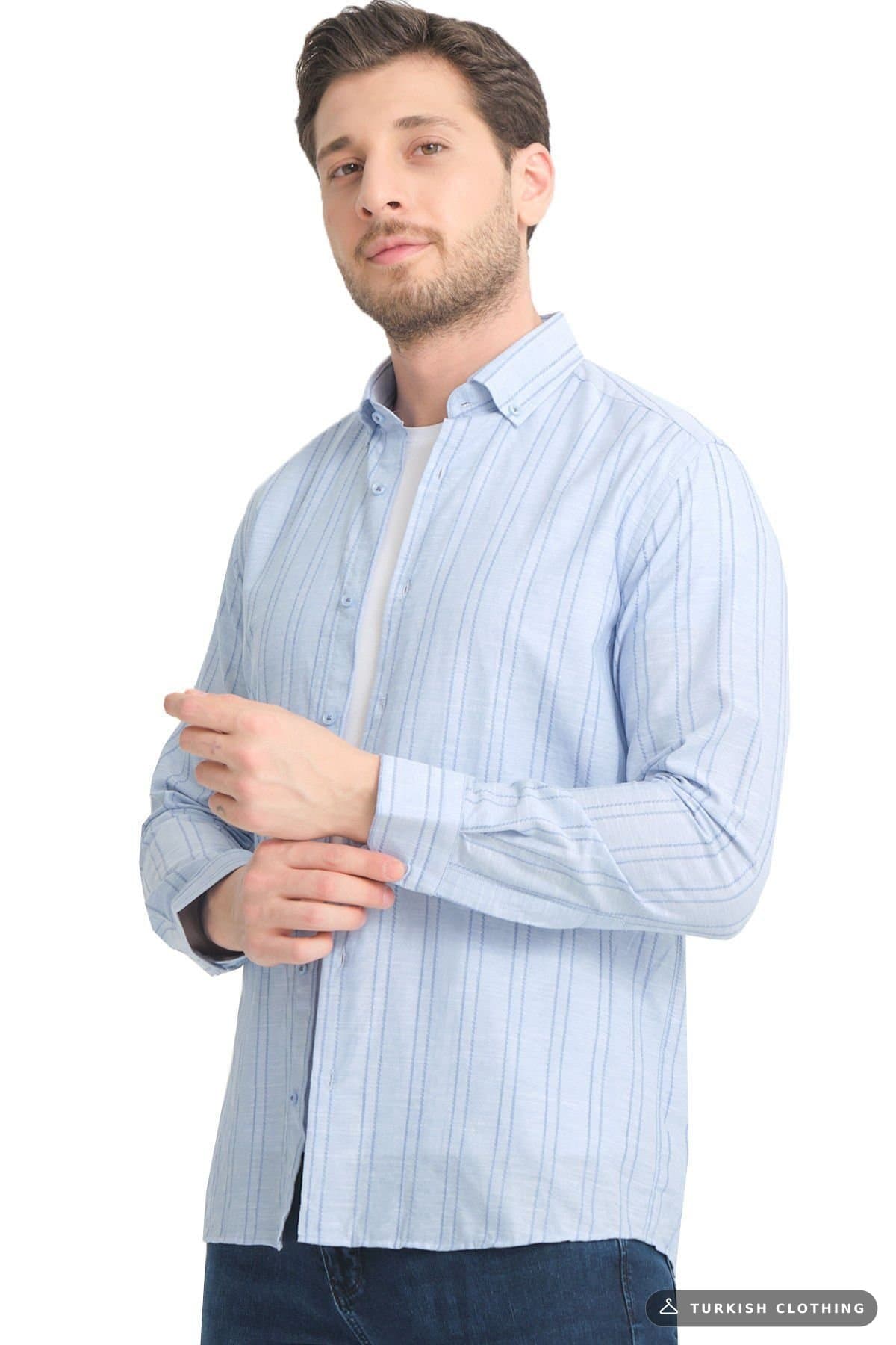 Varetta Blue Striped Linen Cotton Long Sleeve Shirt Without Pockets — Pocketless (4) – wholesale Shirts by Varetta, Turkish
