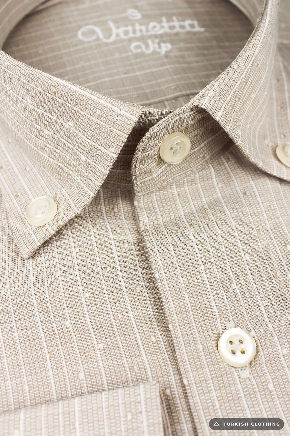 Varetta Brown Cream Checked Linen Cotton Long Sleeve Shirt with Pockets – wholesale Shirts by Varetta, Turkish clothing