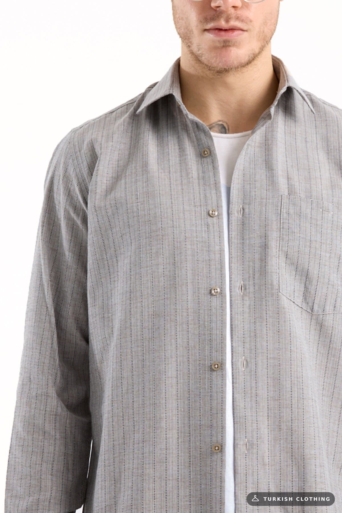 Varetta Gray Striped Classic Men's Shirt Cotton Long Sleeve with Pockets – wholesale Shirts by Varetta, Turkish clothing