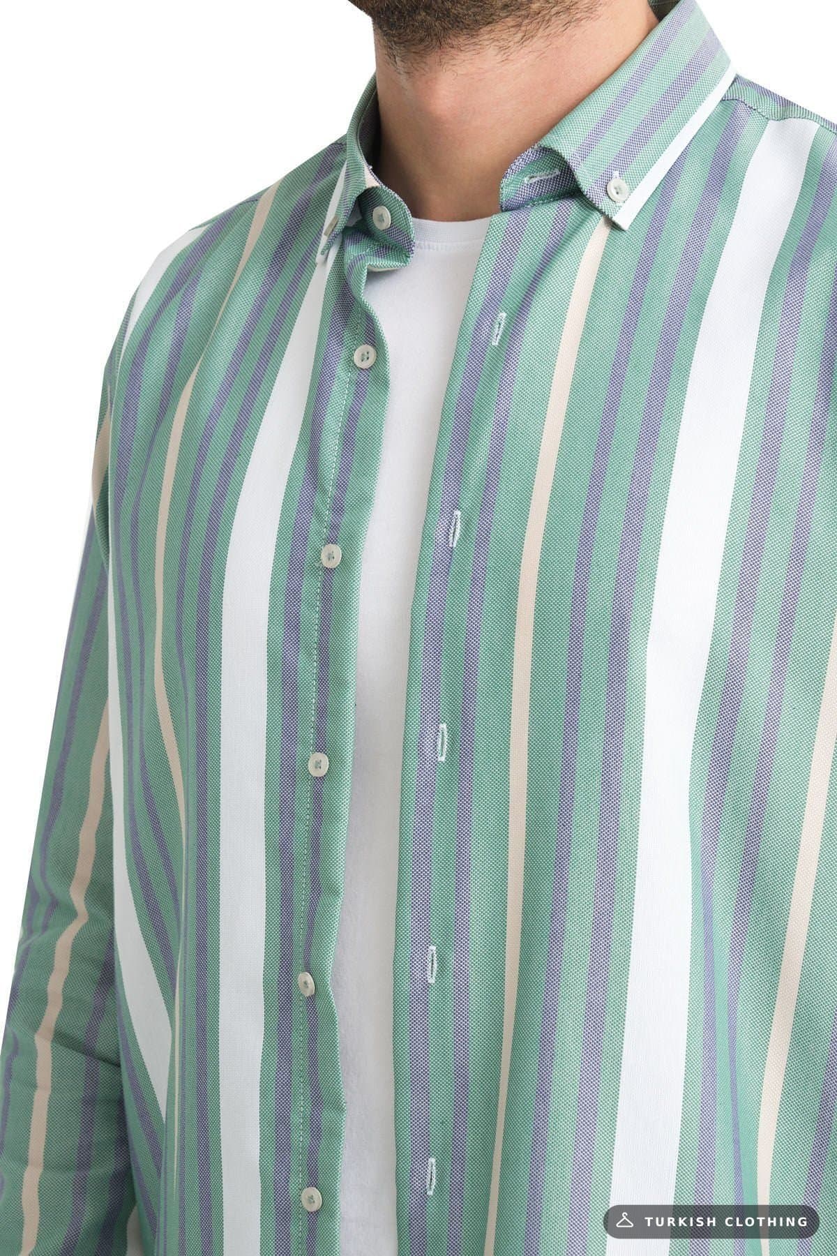 Varetta Green Striped Shirt Linen Cotton No Pocket Long Sleeve