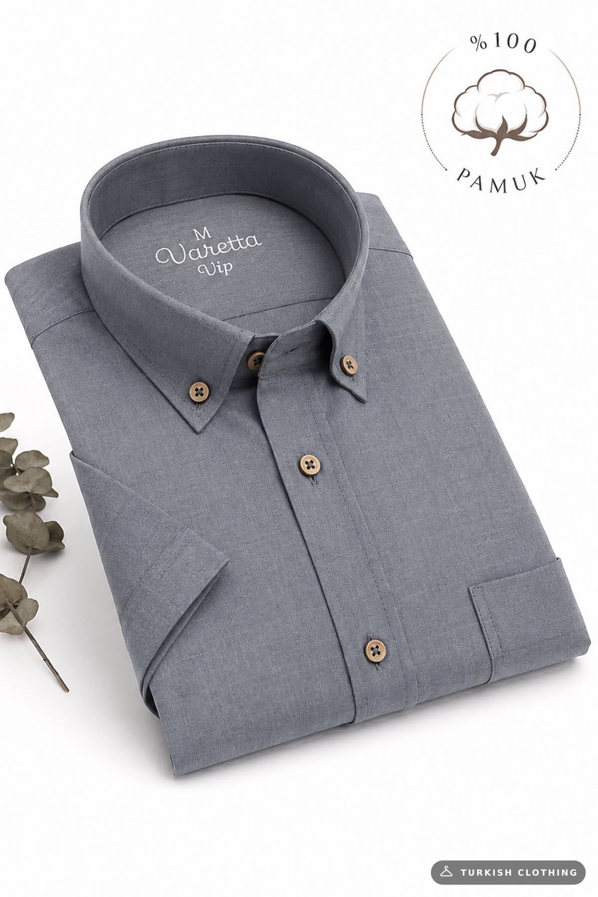 Varetta Linen Short Sleeve Shirt with Pocket Smoked Classic Cut — Smoke Gray – wholesale Shirts by Varetta, Turkish clothing