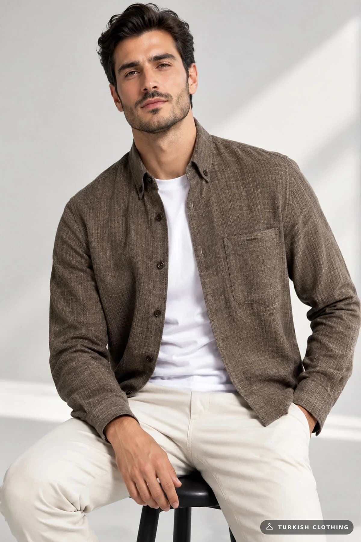 Varetta Men's Brown Winter Shirt with Buttoned Collar, Single Pocket, and Wide – wholesale Shirts by Varetta, Turkish
