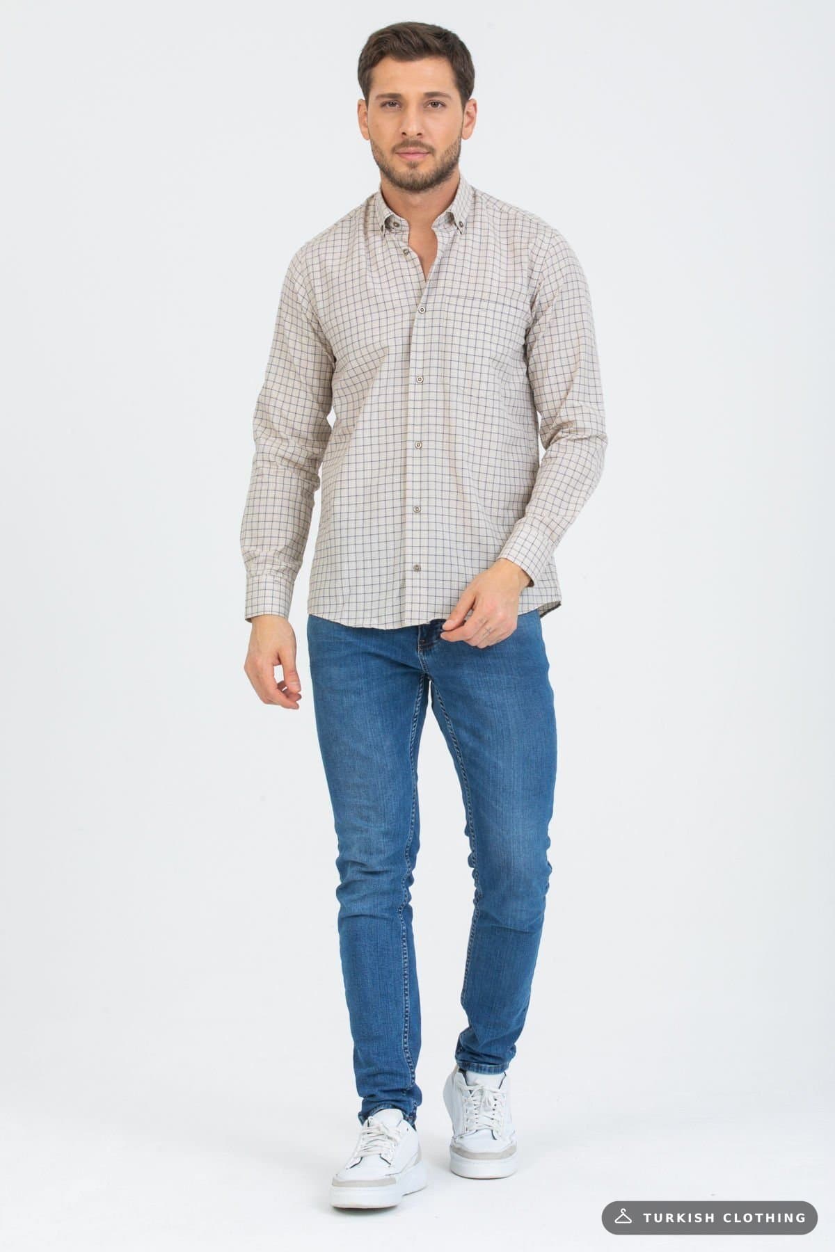 Varetta Men's Beige Checkered Long Sleeve Classic Cut Collar Buttoned Shirt – wholesale Shirts by Varetta, Turkish clothing