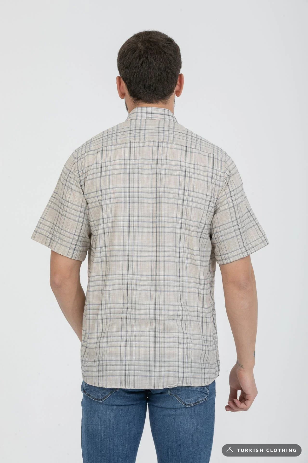 Varetta Men's Beige Checkered Summer Short Sleeve Shirt with Pockets