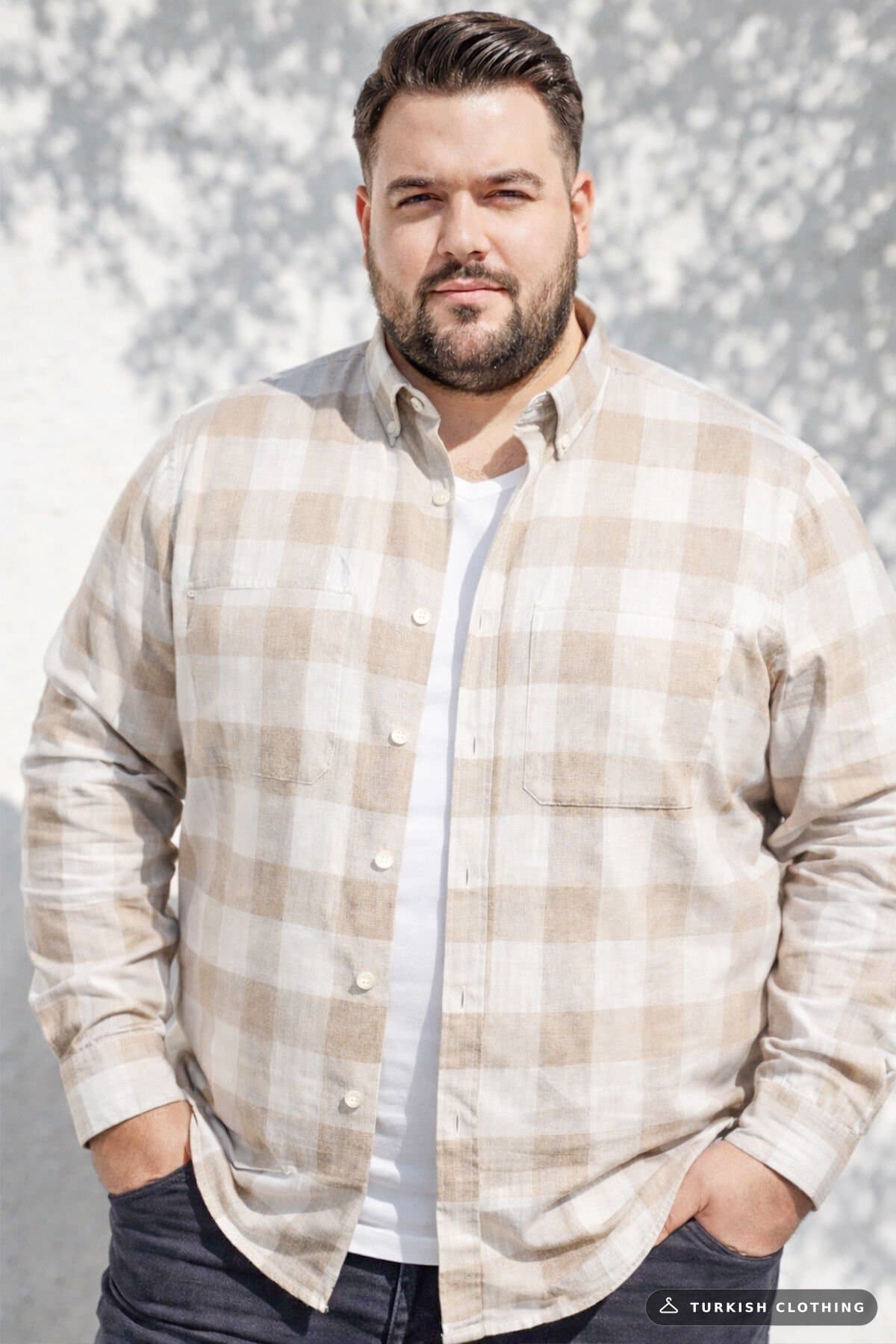 Varetta Men's Beige Plus Size Shirt Checked Long Sleeve Double Pocket – wholesale Shirts by Varetta, Turkish clothing