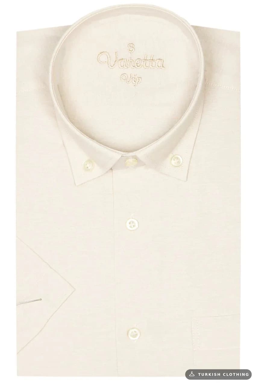 Varetta Men's Beige Short Sleeve Collar Buttoned Cotton Satin Shirt Brown