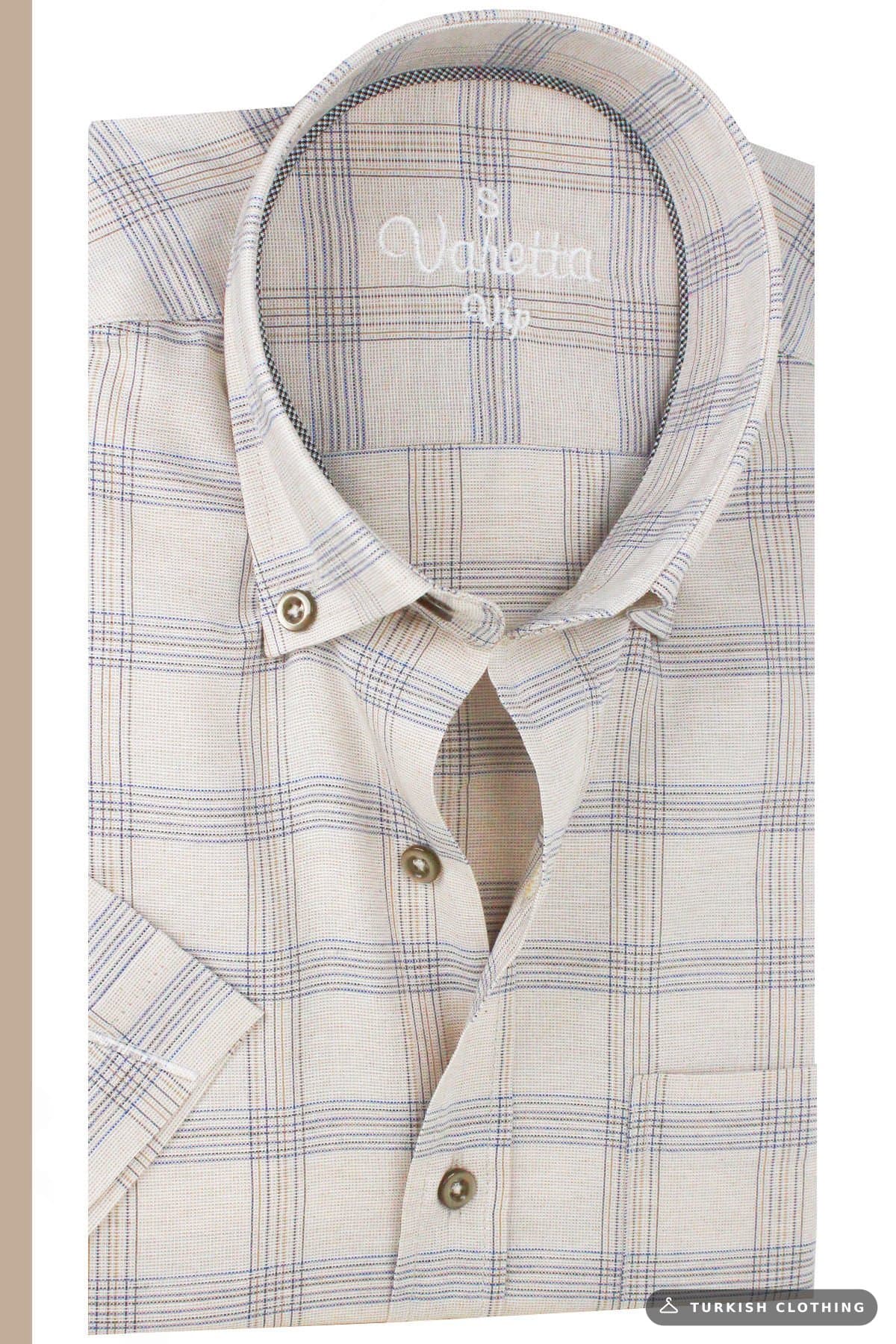 Varetta Men's Beige Short Sleeve Pocketed Wide Cut Cotton Summer Checkered Shirt – wholesale Shirts by Varetta, Turkish