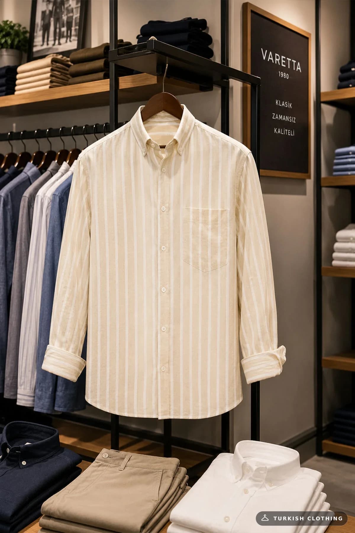 Varetta Men's Beige Striped Long Sleeve Shirt Cotton Collar Buttoned Classic Cut – wholesale Shirts by Varetta, Turkish