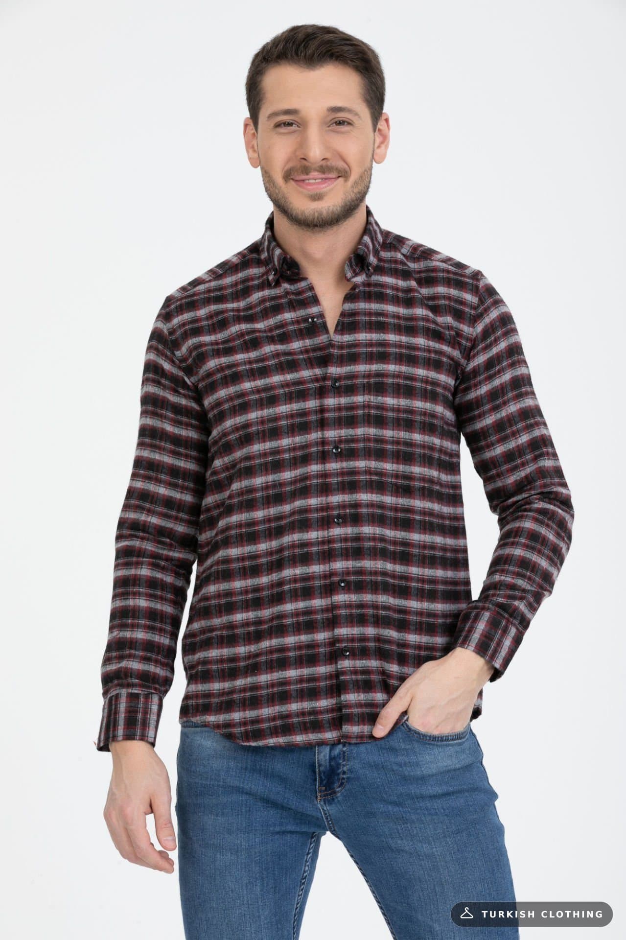 Varetta Men's Black Claret Red Winter Shirt Classic Cut Checked Collar — Button-Down – wholesale Shirts by Varetta, Turkish