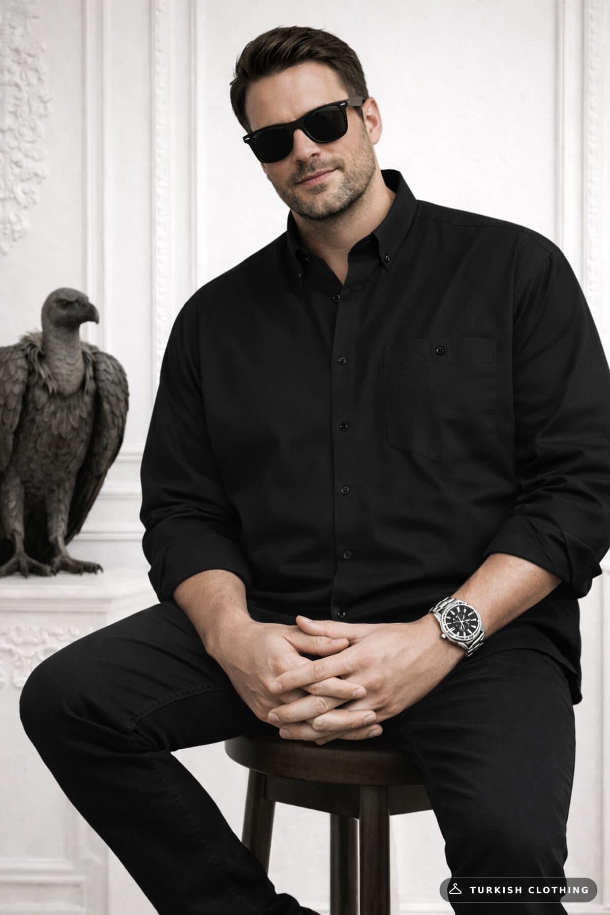Varetta Men's Black Large Size Collar Buttoned Long Sleeve Plain Shirt – wholesale Shirts by Varetta, Turkish clothing