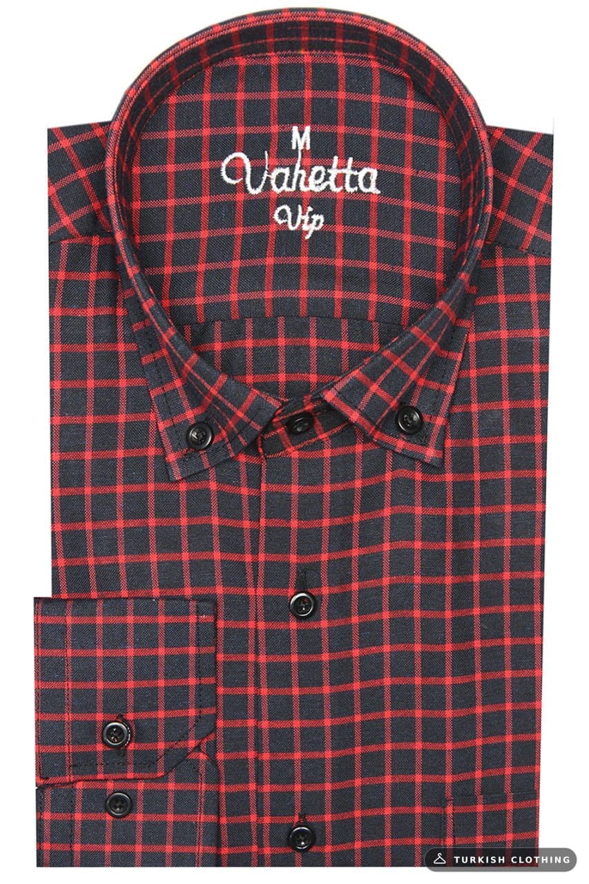 Varetta Men's Black Long Sleeve Checked Classic Cut Pocket Shirt — Red – wholesale Shirts by Varetta, Turkish clothing