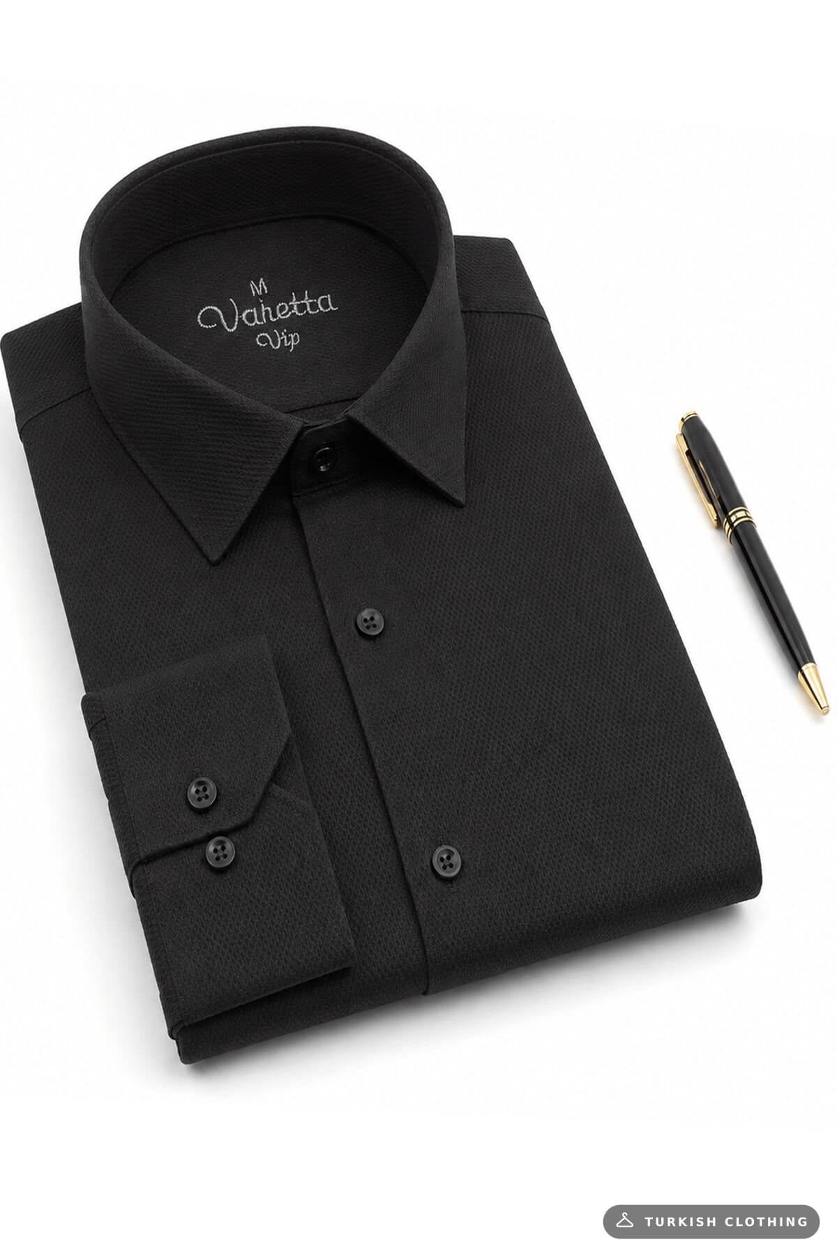Varetta Men's Black Long Sleeve Shirt Classic Cut Dobby Pocket Trend Business – wholesale Shirts by Varetta, Turkish
