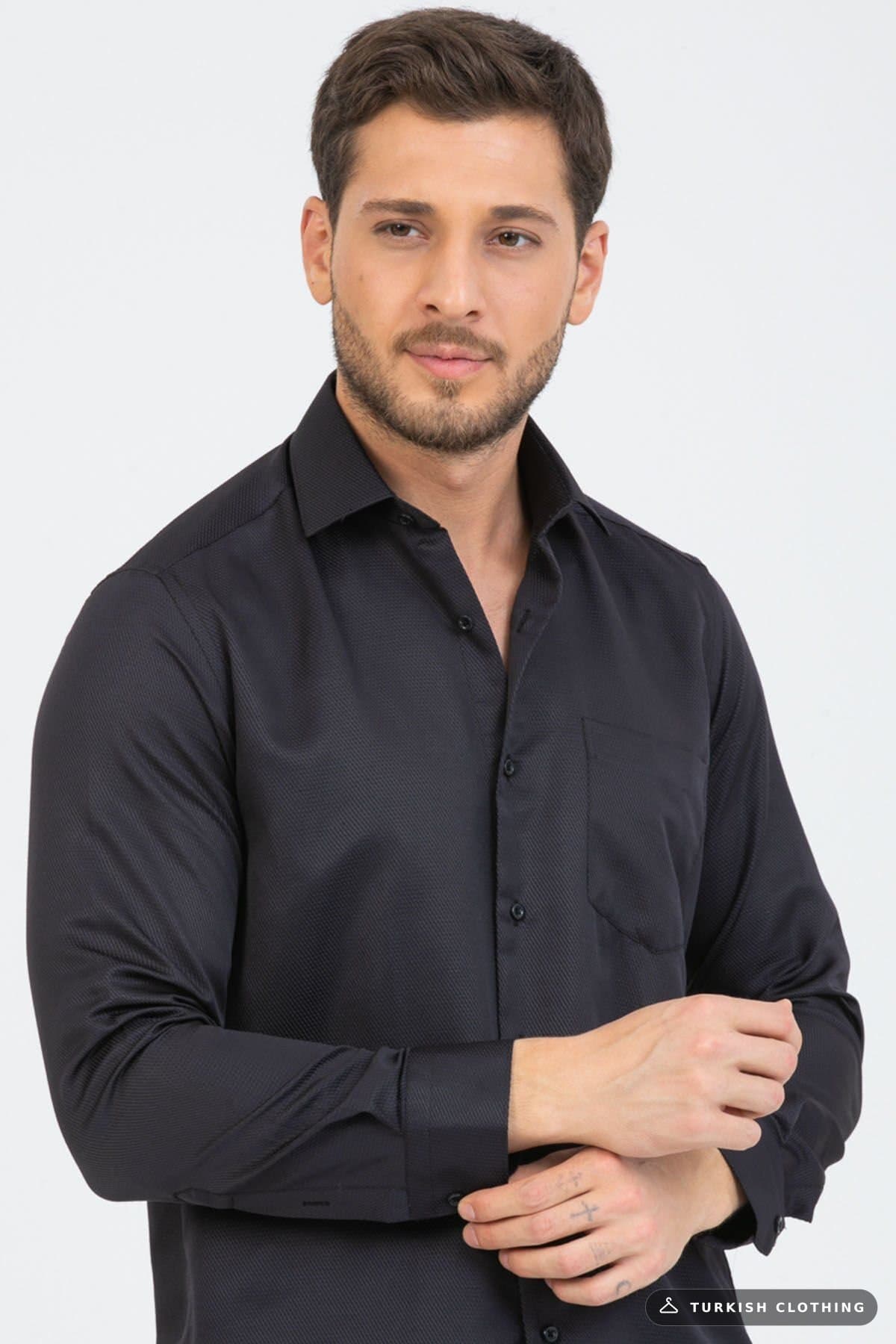 Varetta Men's Black Long Sleeve Shirt Classic Cut Dobby Pocket Trend — Checked Button-Down – wholesale Shirts by Varetta,
