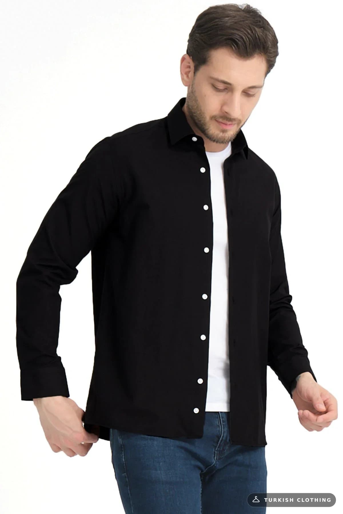 Varetta Men's Black Plain No Pocket Wide Cut Long Sleeve Shirt