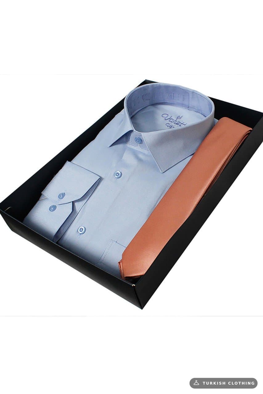 Varetta Men's Blue Classic Cut Long Sleeve Shirt with Pockets Salmon Tie Combination Set – wholesale Shirts by Varetta,