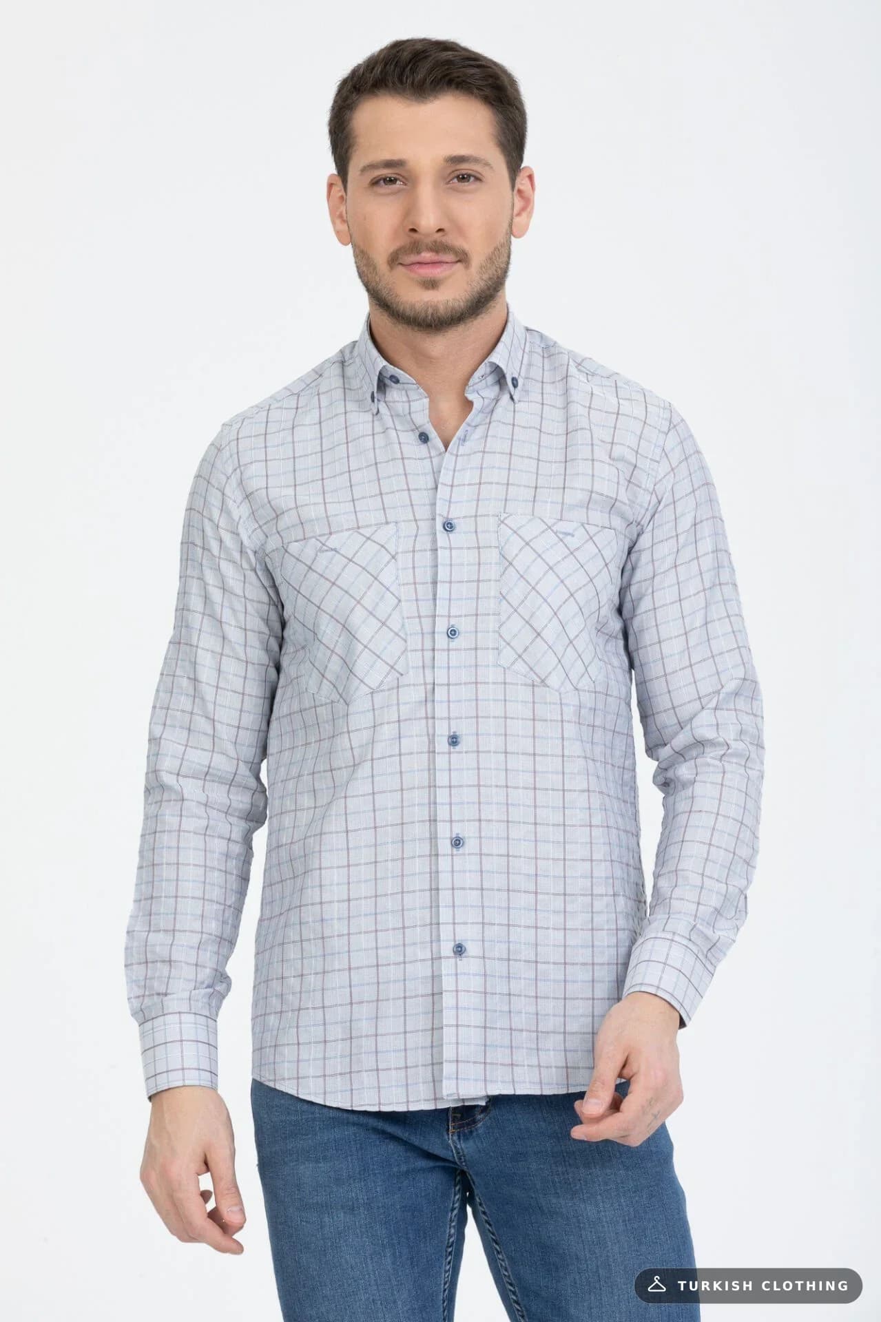Varetta Men's Blue Collar Buttoned Double Pocket Checkered Shirt