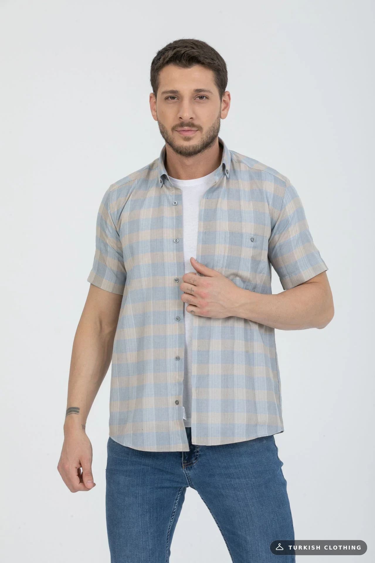 Varetta Men's Blue Cotton Pocket Summer Short Sleeve Shirt