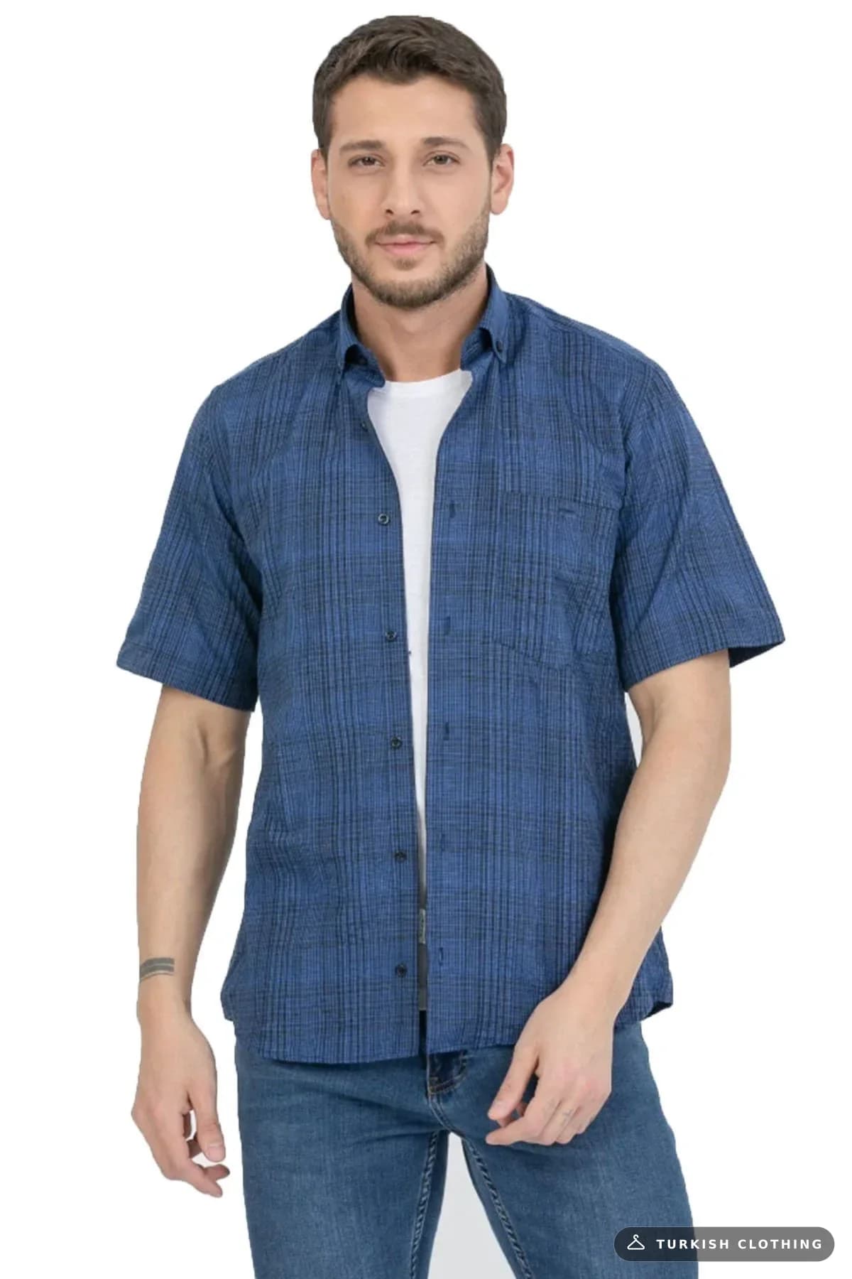 Varetta Men's Blue Cotton Pocket Summer Short Sleeve Shirt — Plus Size Button-Down – wholesale Shirts by Varetta, Turkish