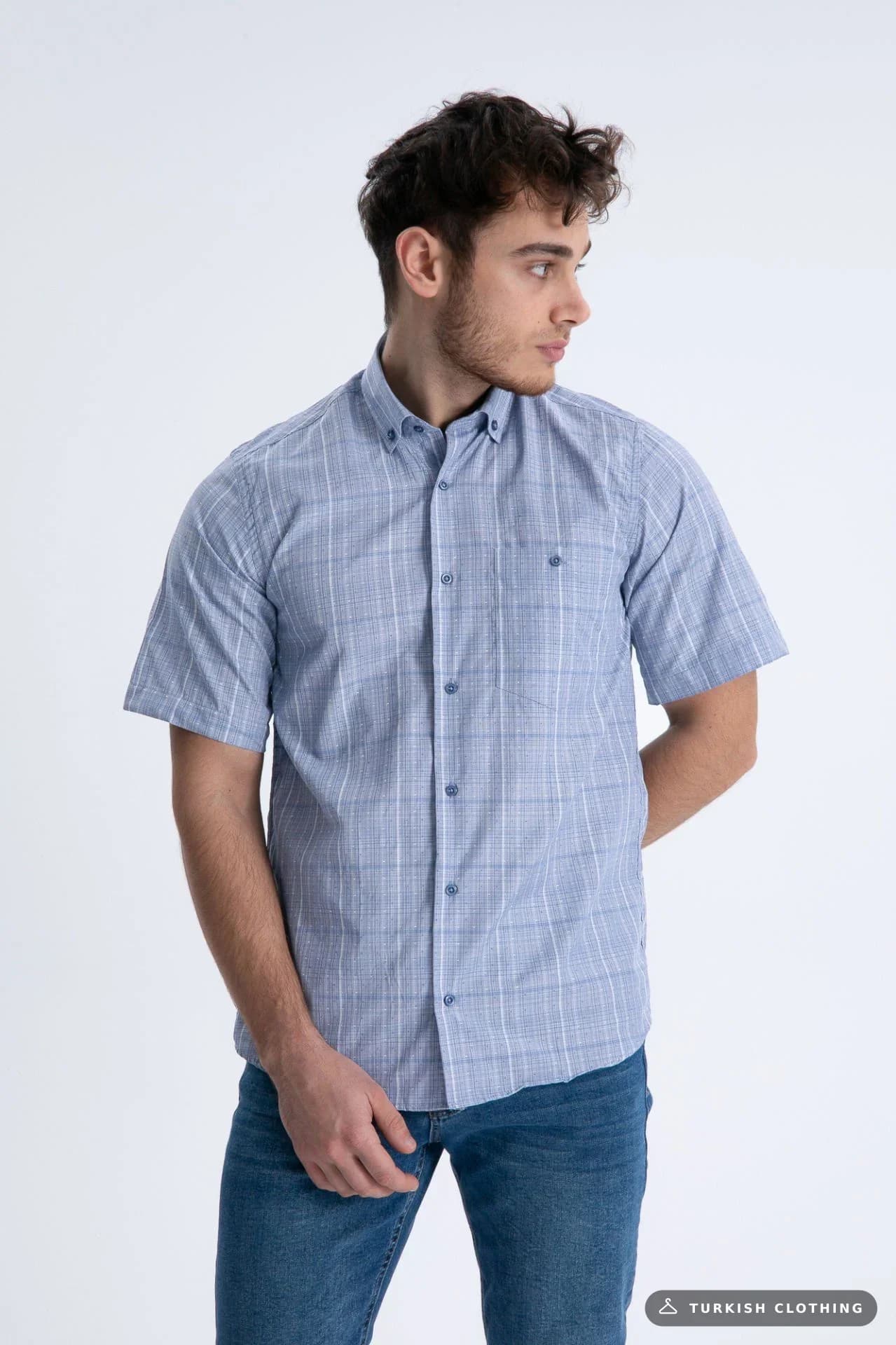 Varetta Men's Blue Cotton Short Sleeve Summer Shirt with Pockets