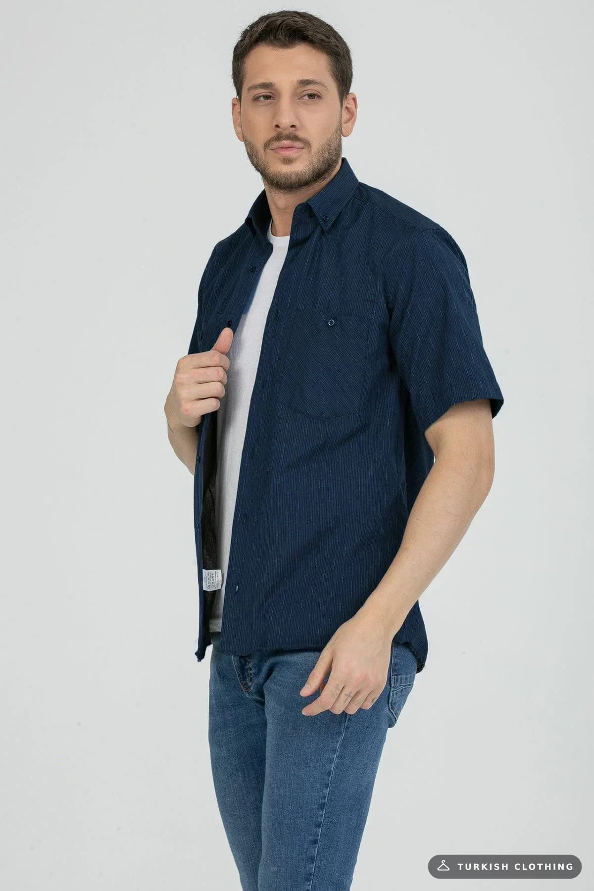 Varetta Men's Blue Double Pocket Summer Short Sleeve Shirt
