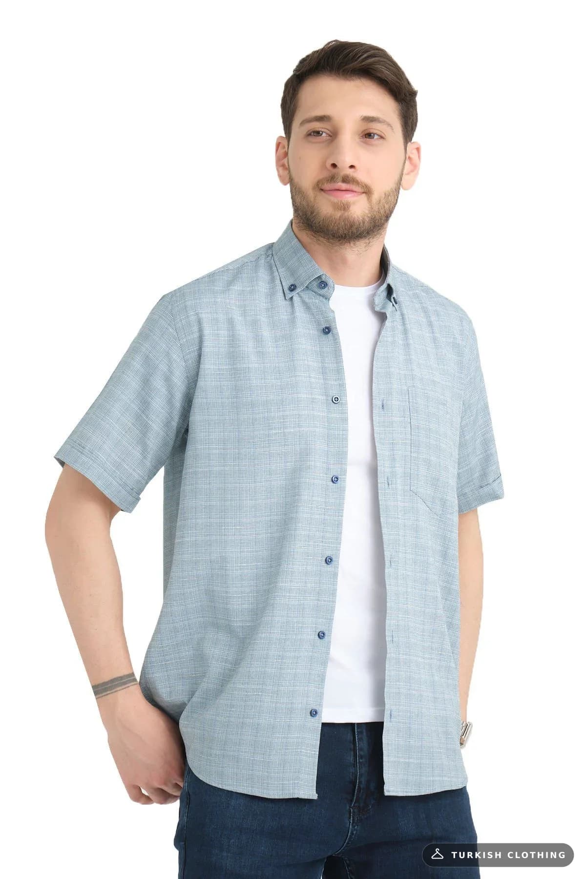 Varetta Men's Blue Green Short Sleeve Checked Pocket Cotton Shirt