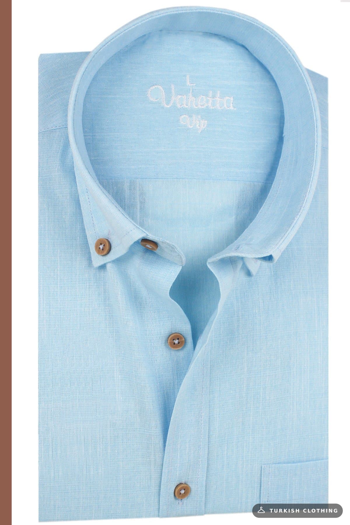 Varetta Men's Blue Linen Shirt | 100% Cotton, Long Sleeve, Wide Cut, Single Pocket – wholesale Shirts by Varetta, Turkish