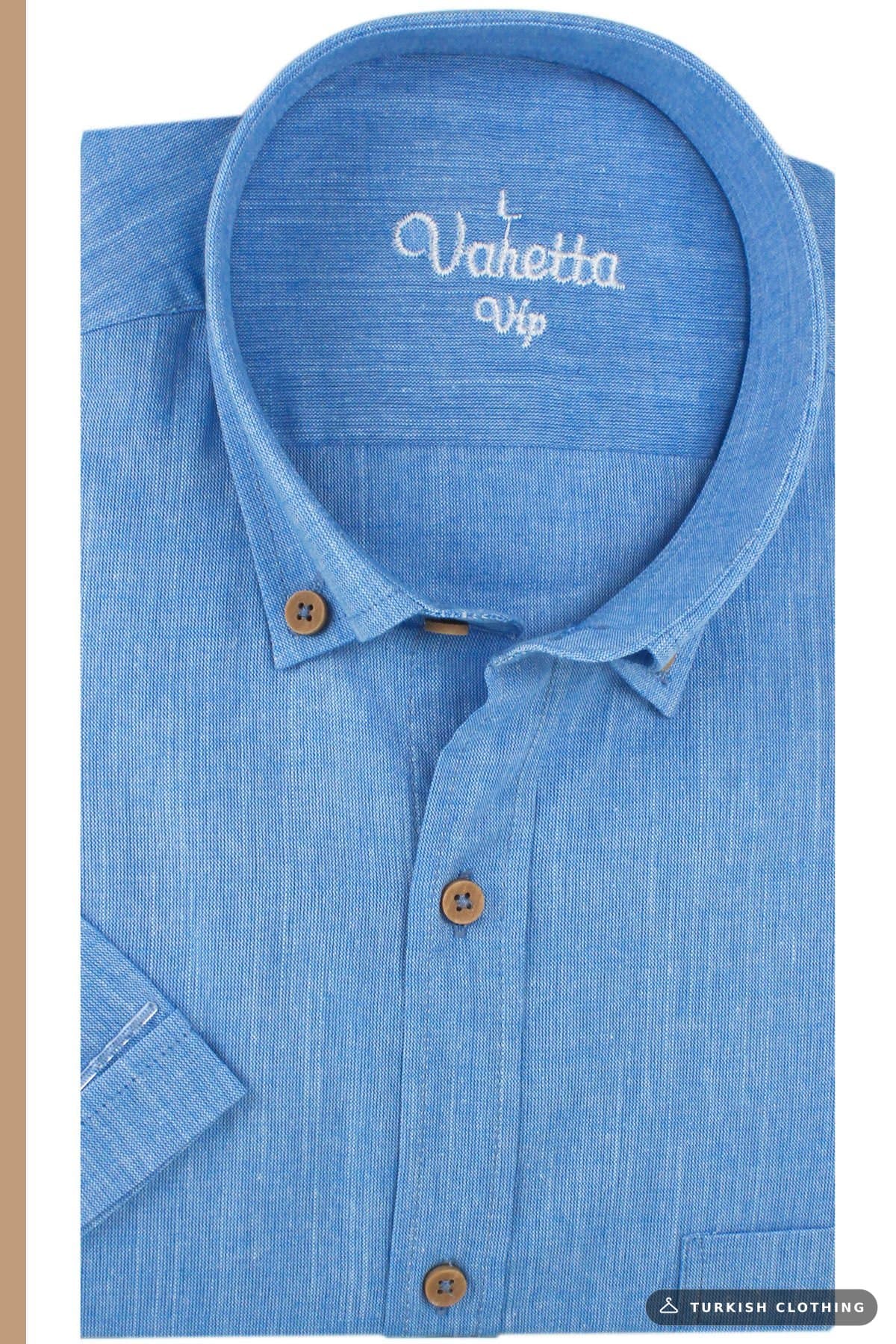 Varetta Men's Blue Linen Short Sleeve Shirt with Pockets — Pocket (2) – wholesale Shirts by Varetta, Turkish clothing