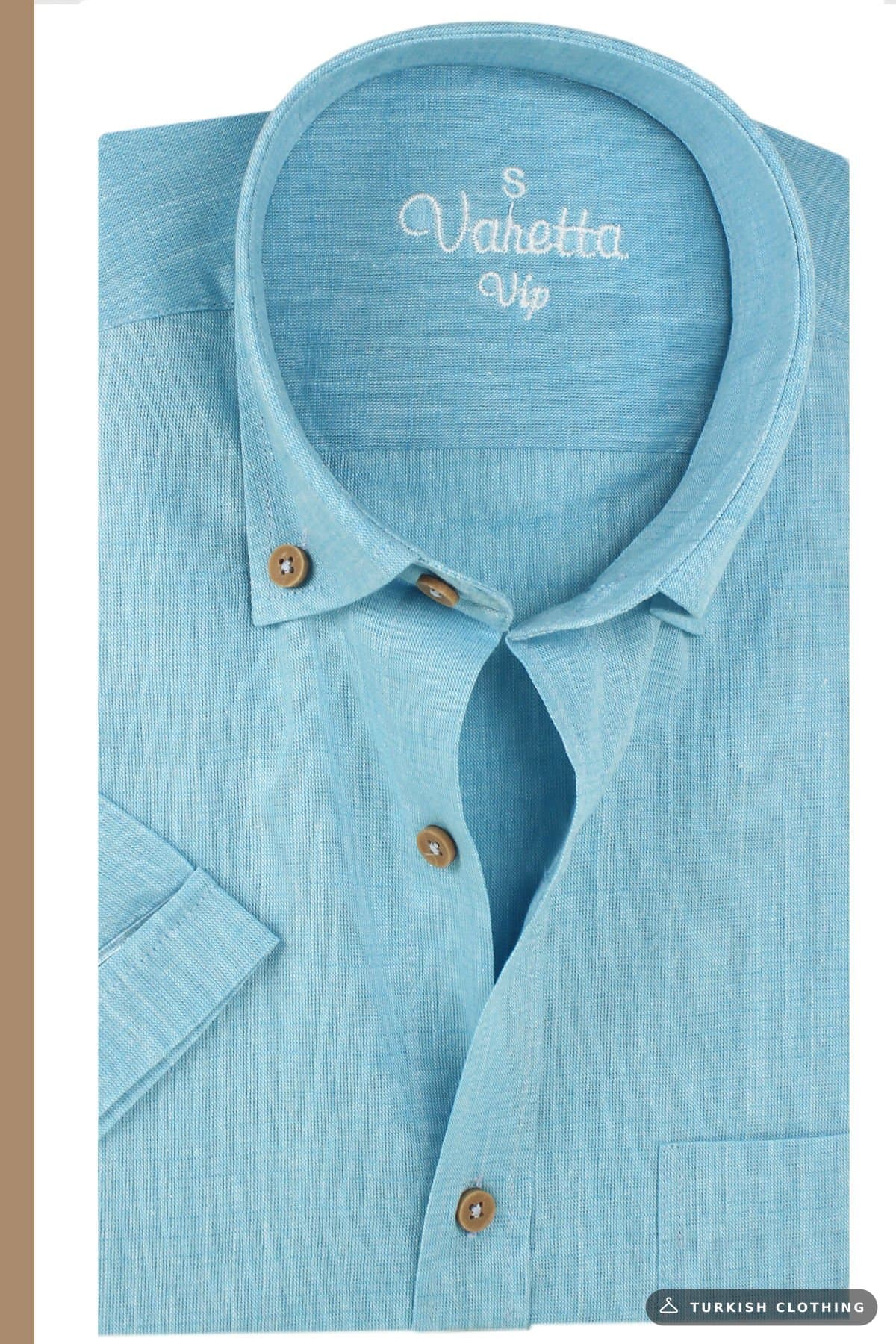 Varetta Men's Blue Linen Short Sleeve Shirt with Pockets — Pocket (3) – wholesale Shirts by Varetta, Turkish clothing