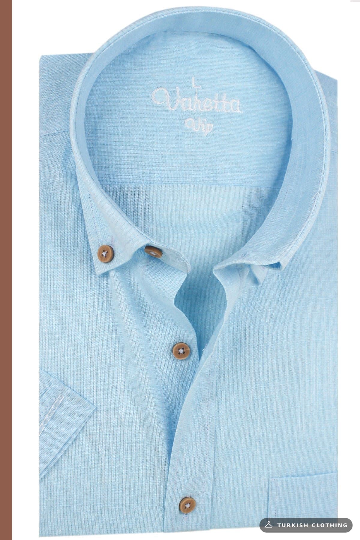 Varetta Men's Blue Linen Short Sleeve Shirt with Pockets — Pocket (4) – wholesale Shirts by Varetta, Turkish clothing