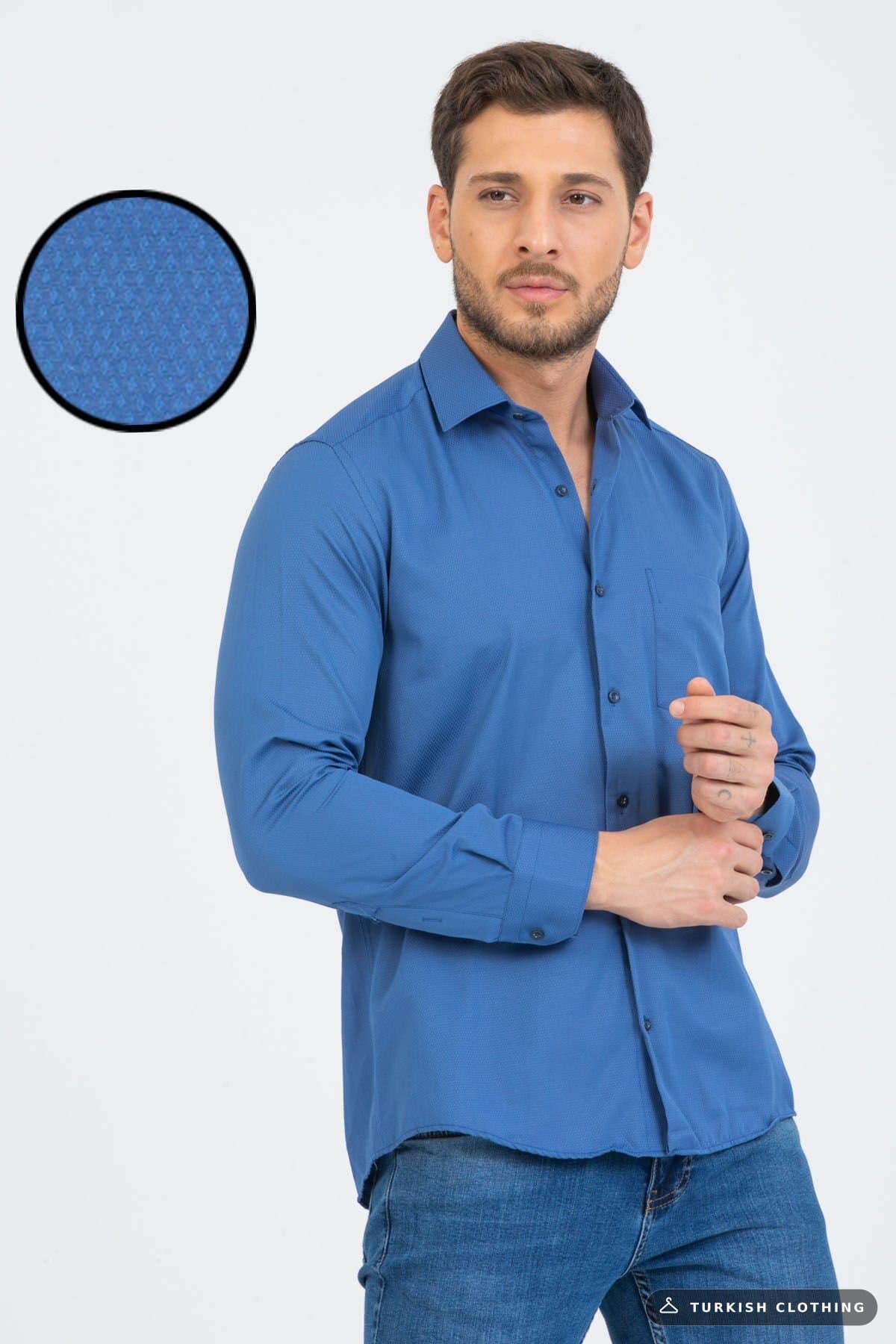 Varetta Men's Blue Mini Patterned Sleeve Classic Cut Collar Buttoned Shirt Dark – wholesale Shirts by Varetta, Turkish