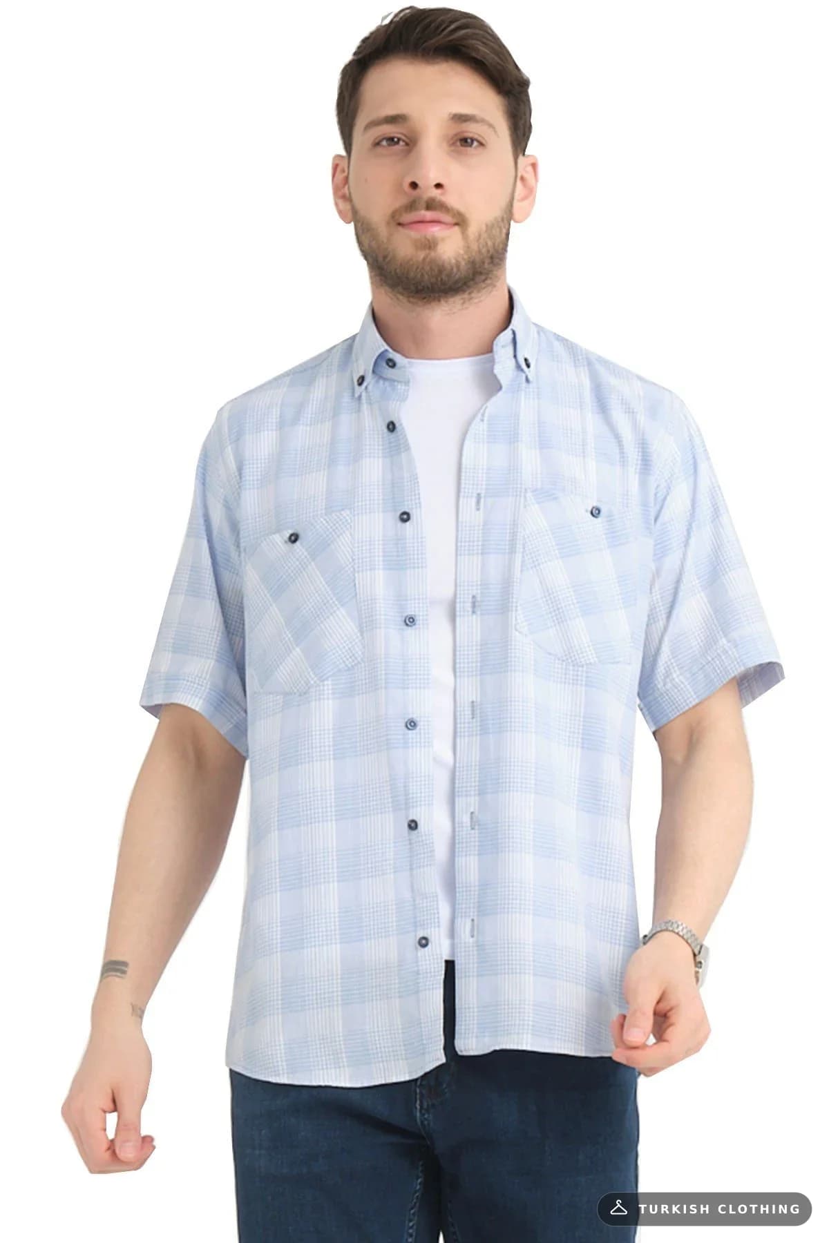 Varetta Men's Blue Short Sleeve Checked Pocket Cotton Shirt Light – wholesale Shirts by Varetta, Turkish clothing