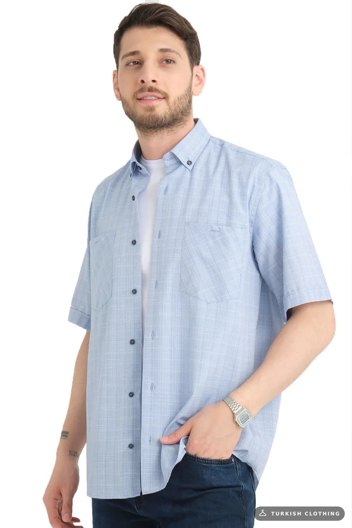 Varetta Men's Blue Short Sleeve Checked Pocket Cotton Shirt Light (2) – wholesale Shirts by Varetta, Turkish clothing