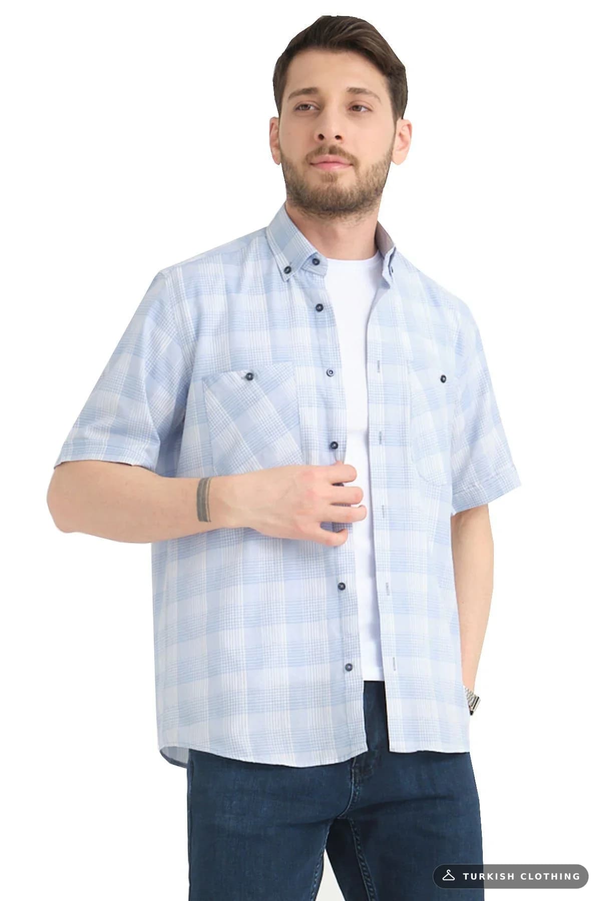 Varetta Men's Blue Short Sleeve Checked Pocket Cotton Shirt Light