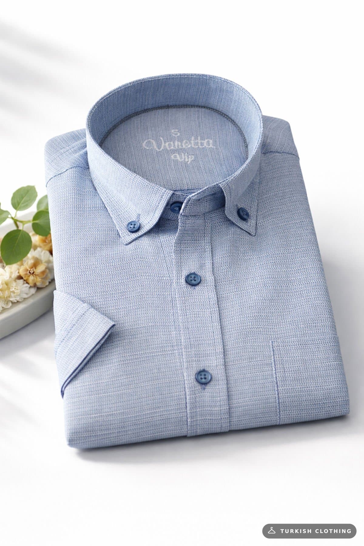 Varetta Men's Blue Short Sleeve Shirt Linen Effect Wide Cut Pocket Cotton – wholesale Shirts by Varetta, Turkish clothing